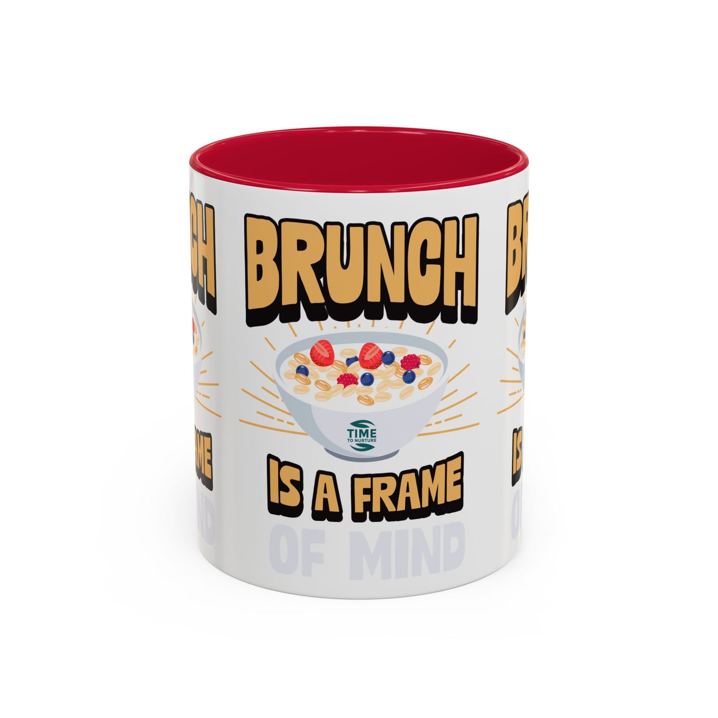 Colorful ceramic mug featuring the phrase Brunch Is a Frame of Mind, available in 11oz and 15oz sizes, with a vibrant design perfect for coffee, tea, or gifting to brunch lovers and lifestyle enthusiasts.