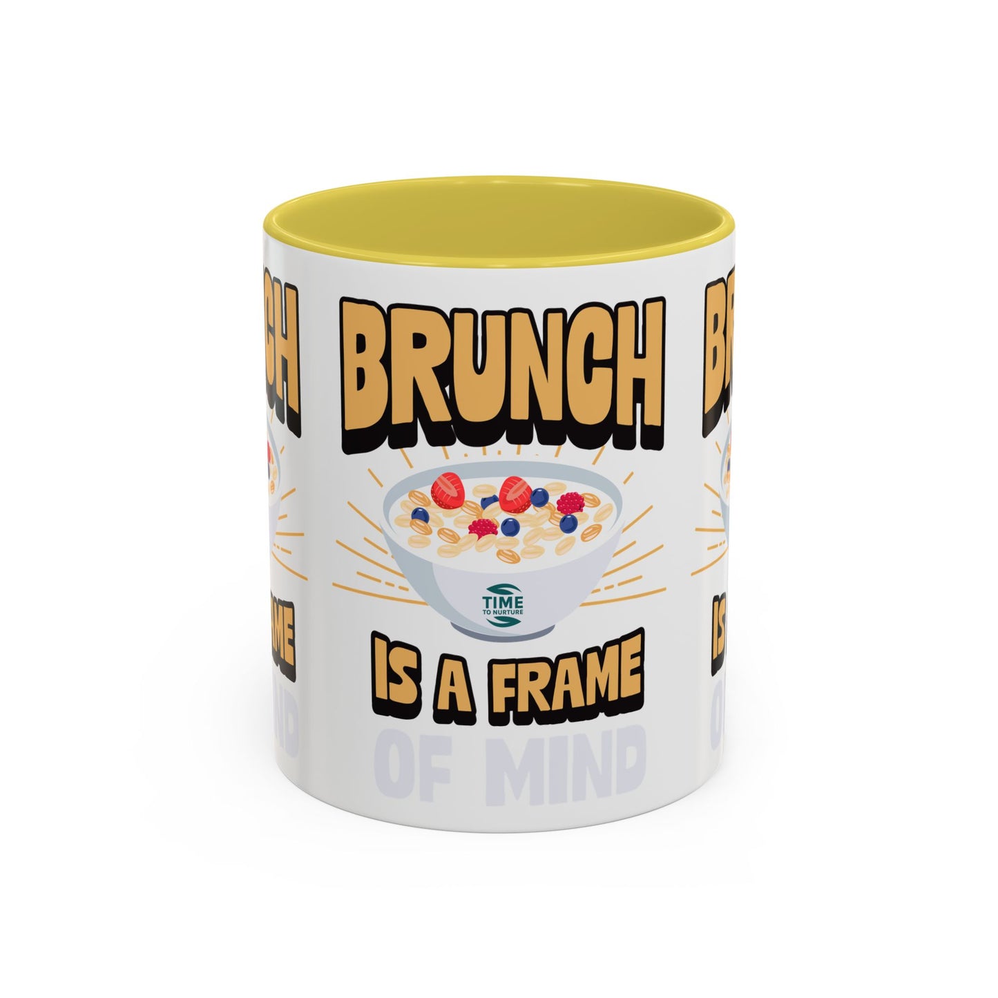 Colorful ceramic mug featuring the phrase Brunch Is a Frame of Mind, available in 11oz and 15oz sizes, with a vibrant design perfect for coffee, tea, or gifting to brunch lovers and lifestyle enthusiasts.