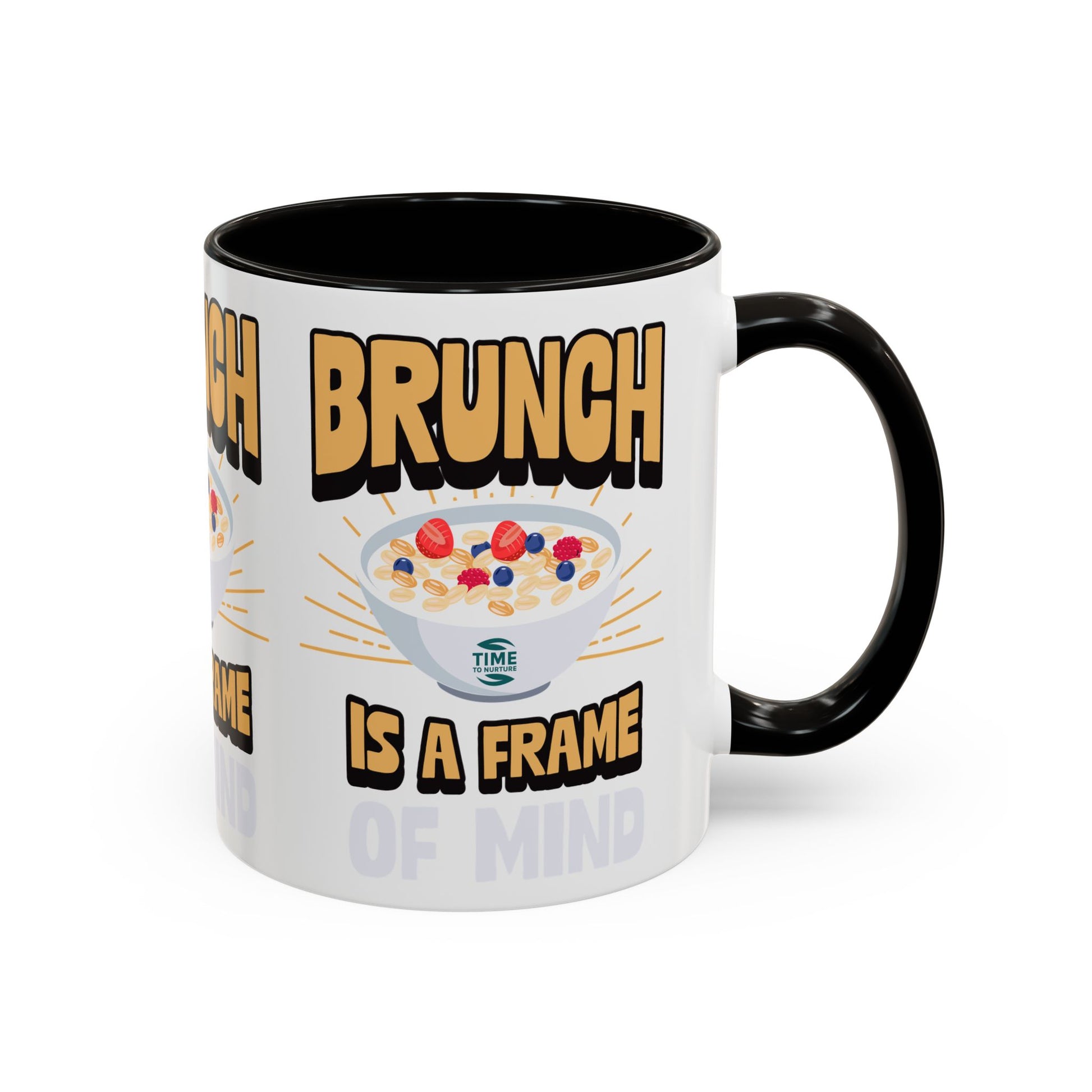 Colorful ceramic mug featuring the phrase Brunch Is a Frame of Mind, available in 11oz and 15oz sizes, with a vibrant design perfect for coffee, tea, or gifting to brunch lovers and lifestyle enthusiasts.