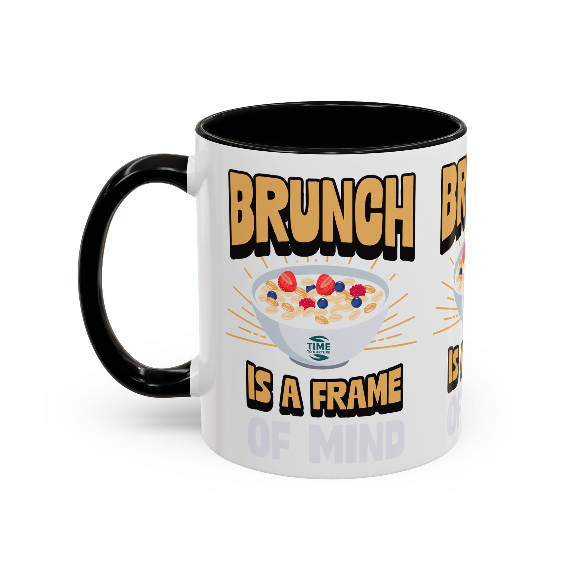 Colorful ceramic mug featuring the phrase Brunch Is a Frame of Mind, available in 11oz and 15oz sizes, with a vibrant design perfect for coffee, tea, or gifting to brunch lovers and lifestyle enthusiasts.