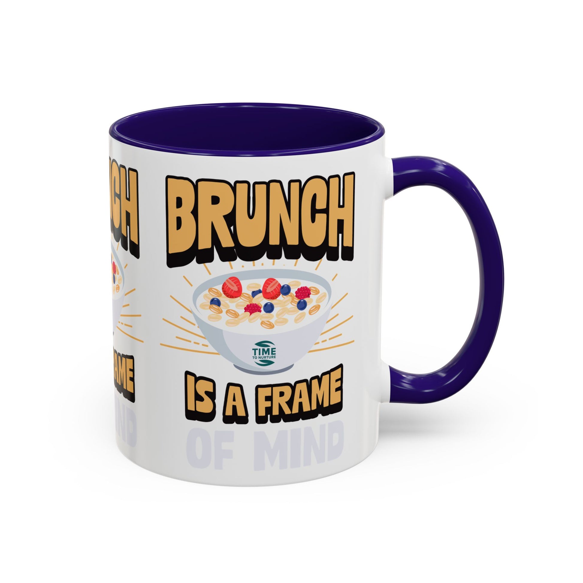 Colorful ceramic mug featuring the phrase Brunch Is a Frame of Mind, available in 11oz and 15oz sizes, with a vibrant design perfect for coffee, tea, or gifting to brunch lovers and lifestyle enthusiasts.