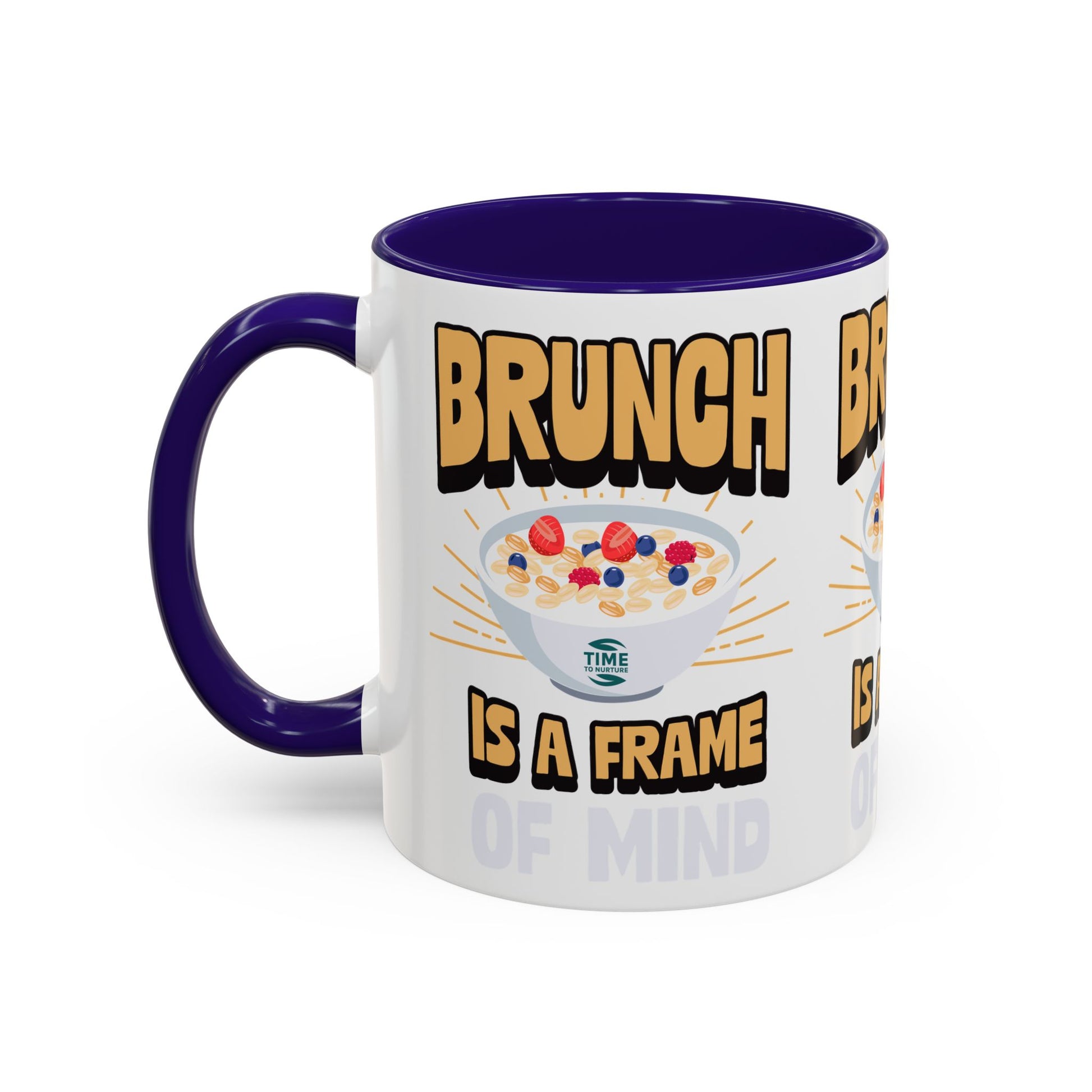 Colorful ceramic mug featuring the phrase Brunch Is a Frame of Mind, available in 11oz and 15oz sizes, with a vibrant design perfect for coffee, tea, or gifting to brunch lovers and lifestyle enthusiasts.