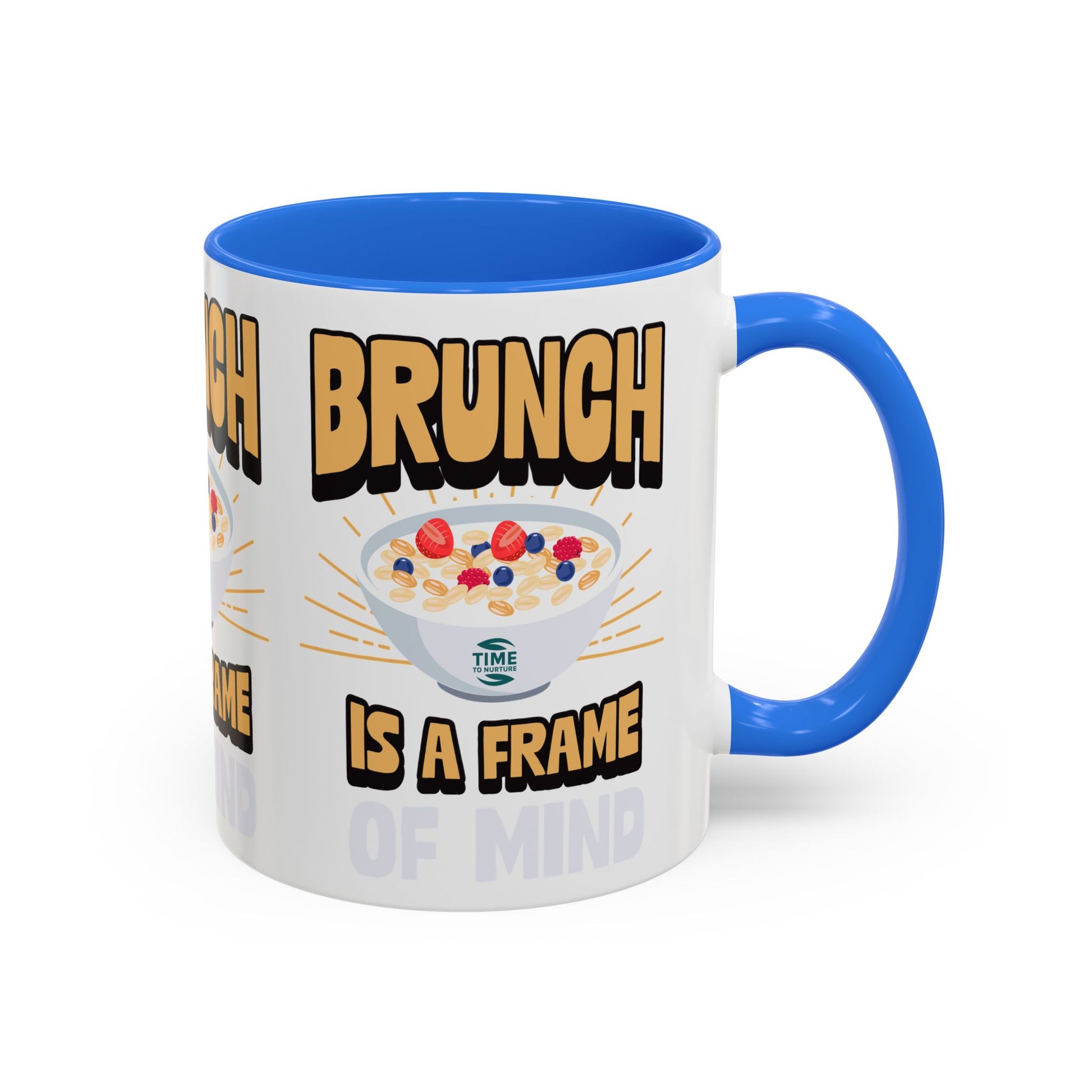 Colorful ceramic mug featuring the phrase Brunch Is a Frame of Mind, available in 11oz and 15oz sizes, with a vibrant design perfect for coffee, tea, or gifting to brunch lovers and lifestyle enthusiasts.