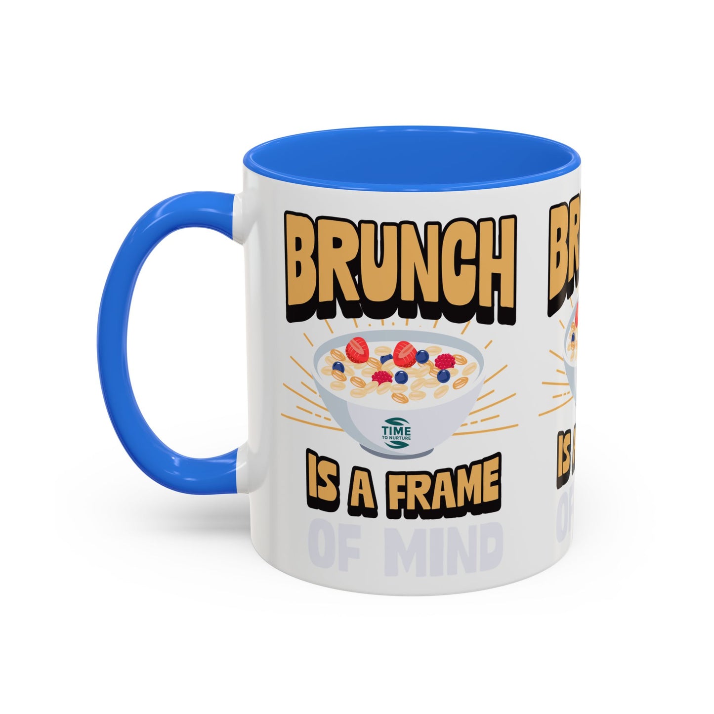 Colorful ceramic mug featuring the phrase Brunch Is a Frame of Mind, available in 11oz and 15oz sizes, with a vibrant design perfect for coffee, tea, or gifting to brunch lovers and lifestyle enthusiasts.