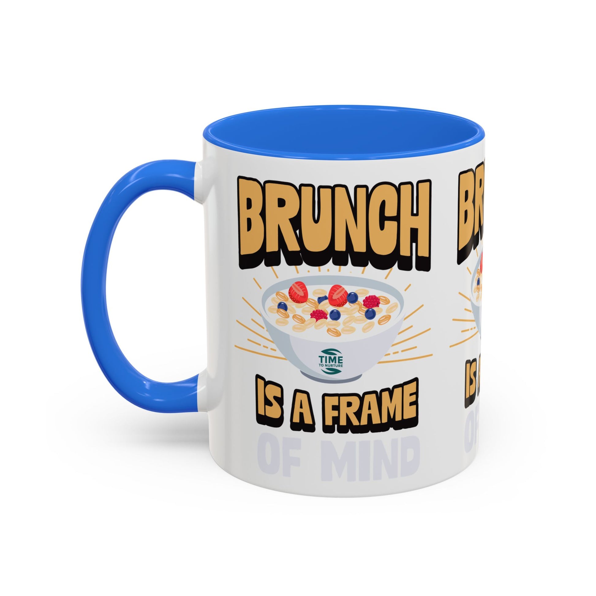 Colorful ceramic mug featuring the phrase Brunch Is a Frame of Mind, available in 11oz and 15oz sizes, with a vibrant design perfect for coffee, tea, or gifting to brunch lovers and lifestyle enthusiasts.