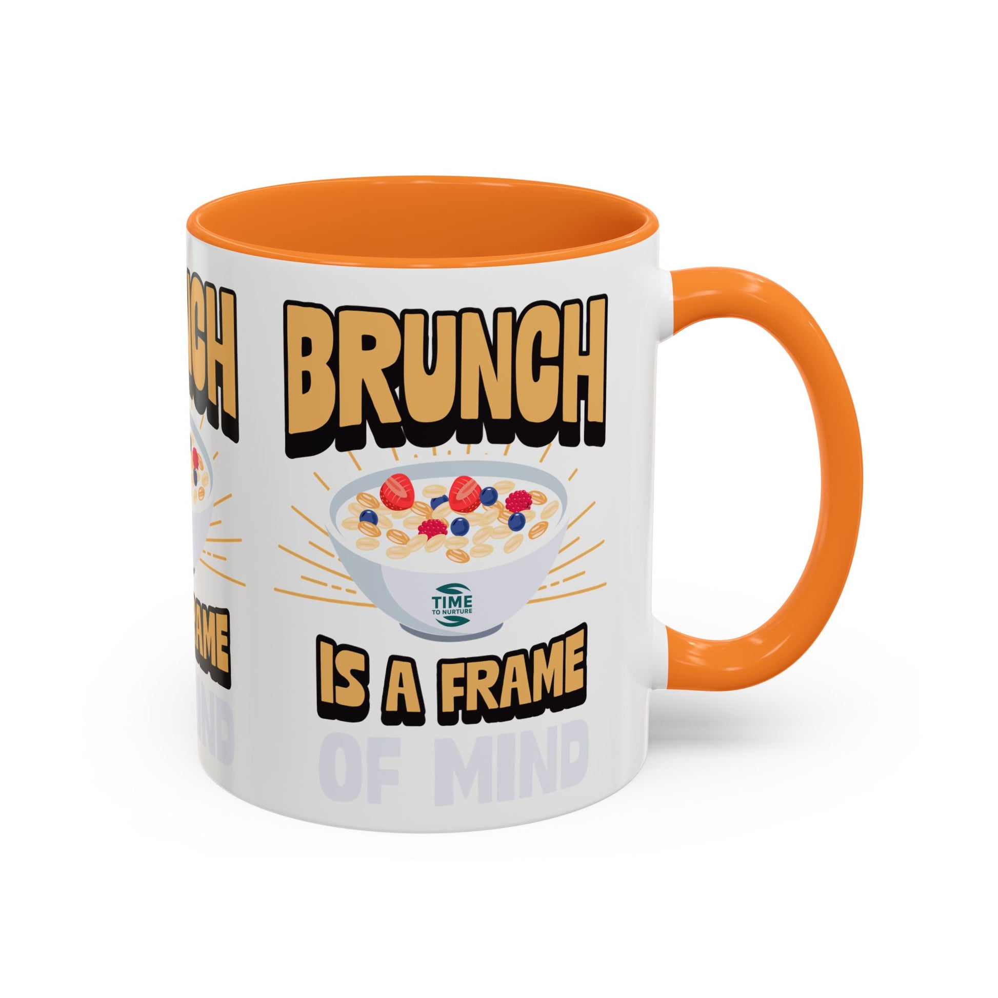 Colorful ceramic mug featuring the phrase Brunch Is a Frame of Mind, available in 11oz and 15oz sizes, with a vibrant design perfect for coffee, tea, or gifting to brunch lovers and lifestyle enthusiasts.
