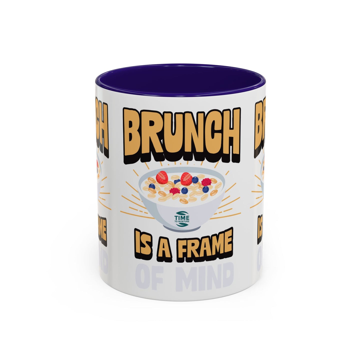 Colorful ceramic mug featuring the phrase Brunch Is a Frame of Mind, available in 11oz and 15oz sizes, with a vibrant design perfect for coffee, tea, or gifting to brunch lovers and lifestyle enthusiasts.