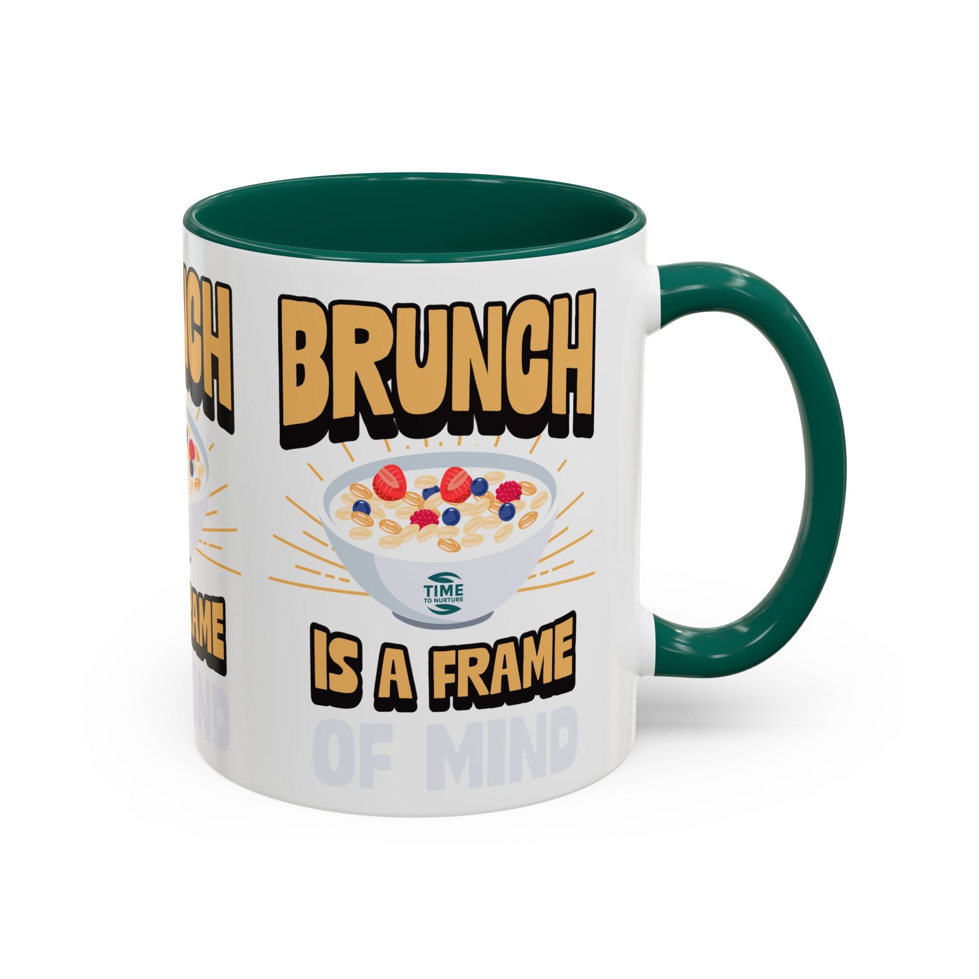 Colorful ceramic mug featuring the phrase Brunch Is a Frame of Mind, available in 11oz and 15oz sizes, with a vibrant design perfect for coffee, tea, or gifting to brunch lovers and lifestyle enthusiasts.