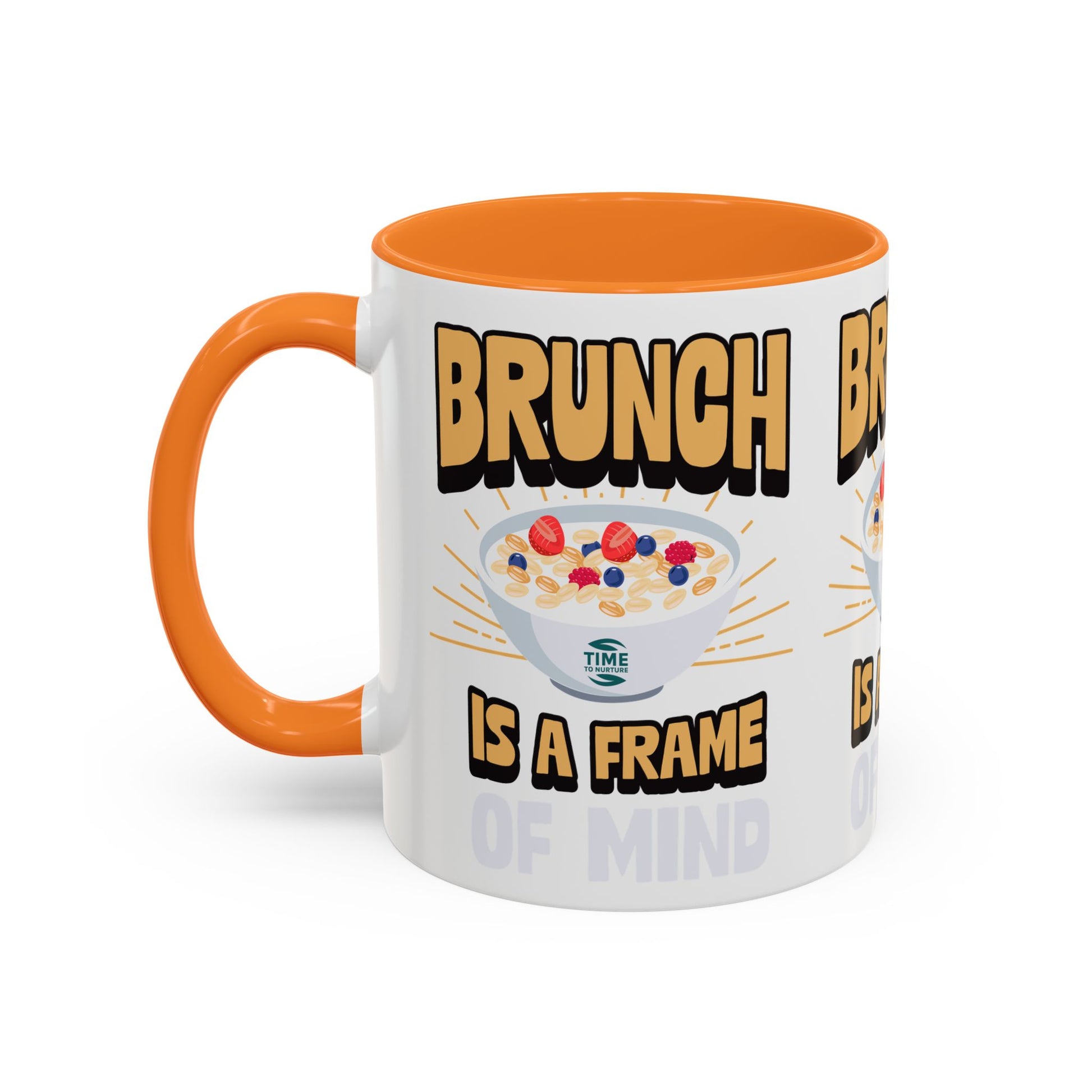 Colorful ceramic mug featuring the phrase Brunch Is a Frame of Mind, available in 11oz and 15oz sizes, with a vibrant design perfect for coffee, tea, or gifting to brunch lovers and lifestyle enthusiasts.