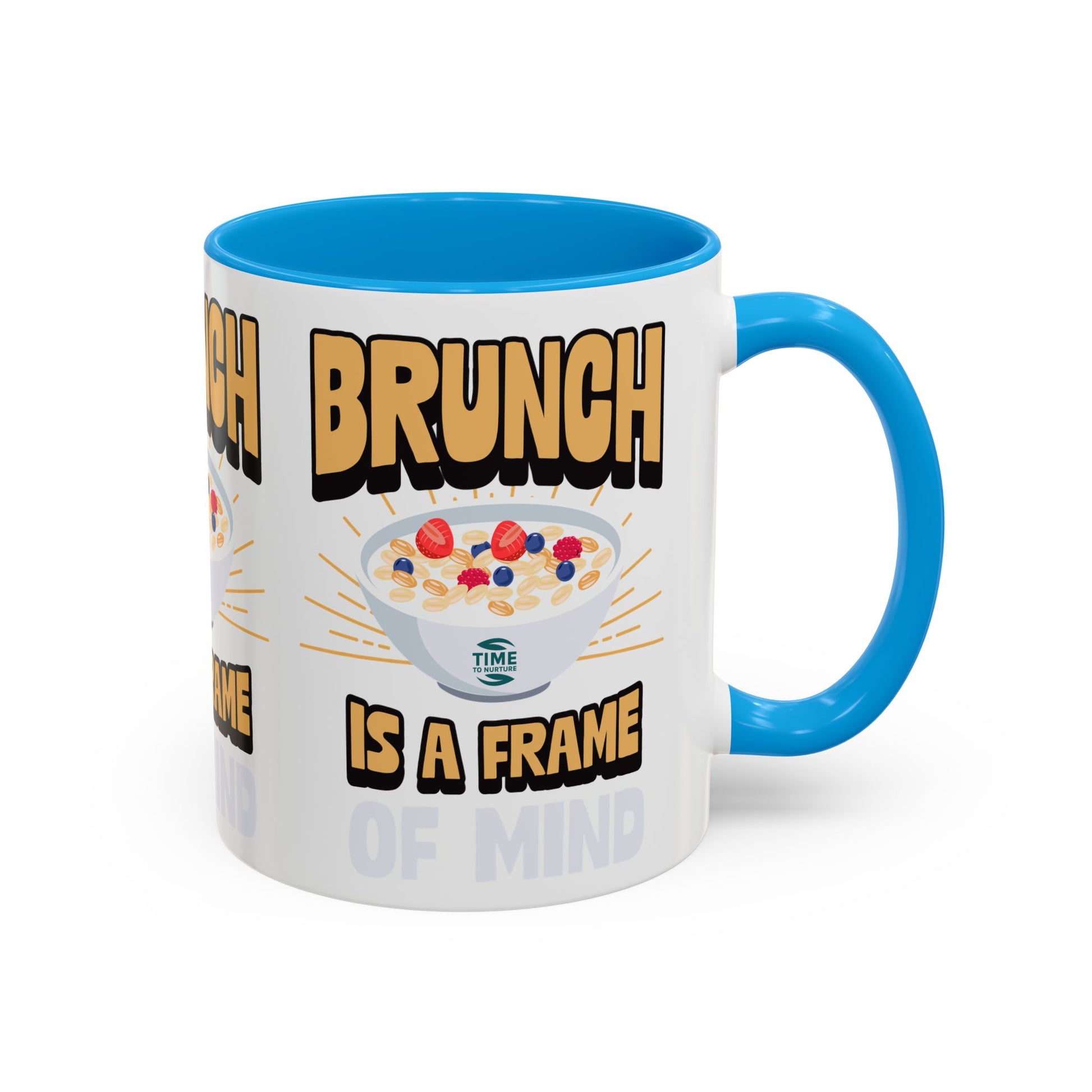 Colorful ceramic mug featuring the phrase Brunch Is a Frame of Mind, available in 11oz and 15oz sizes, with a vibrant design perfect for coffee, tea, or gifting to brunch lovers and lifestyle enthusiasts.