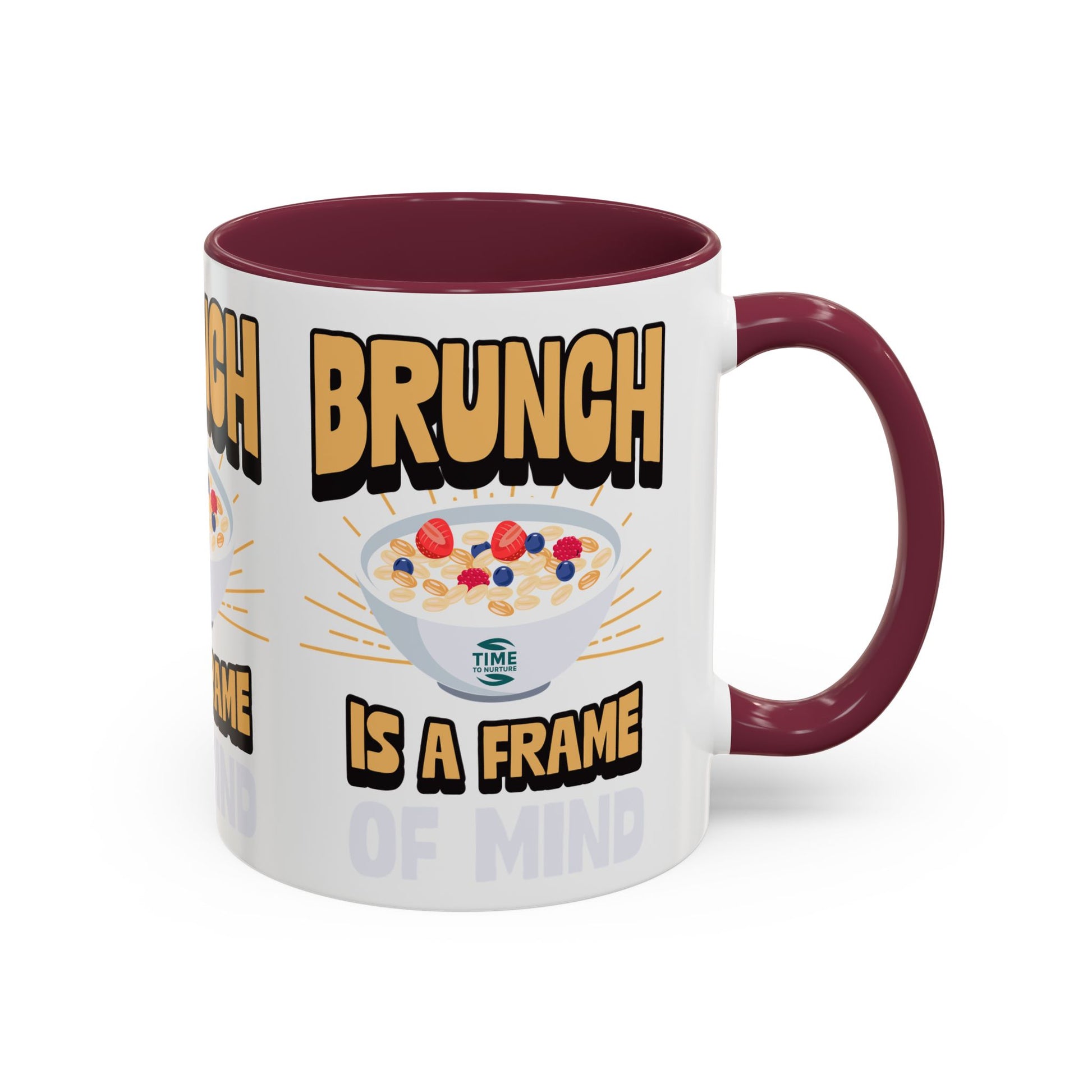 Colorful ceramic mug featuring the phrase Brunch Is a Frame of Mind, available in 11oz and 15oz sizes, with a vibrant design perfect for coffee, tea, or gifting to brunch lovers and lifestyle enthusiasts.
