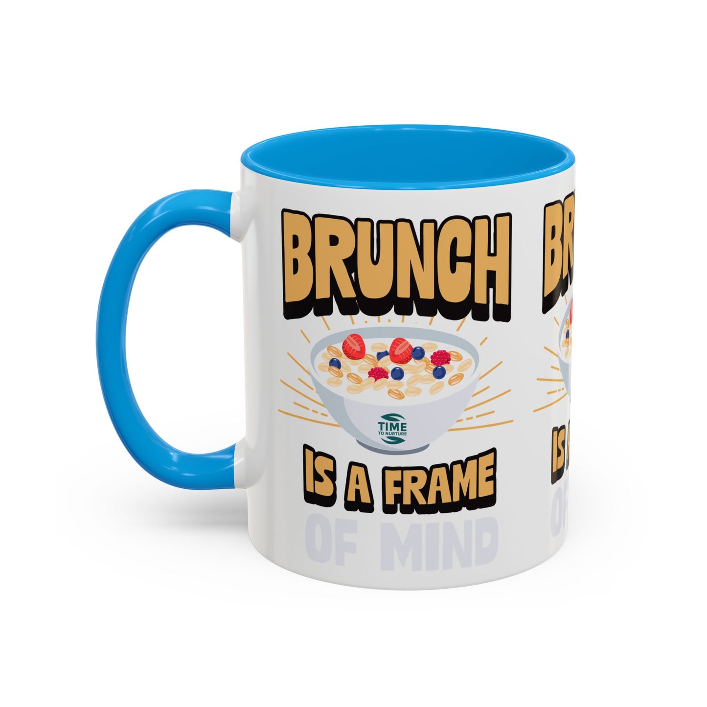 Colorful ceramic mug featuring the phrase Brunch Is a Frame of Mind, available in 11oz and 15oz sizes, with a vibrant design perfect for coffee, tea, or gifting to brunch lovers and lifestyle enthusiasts.