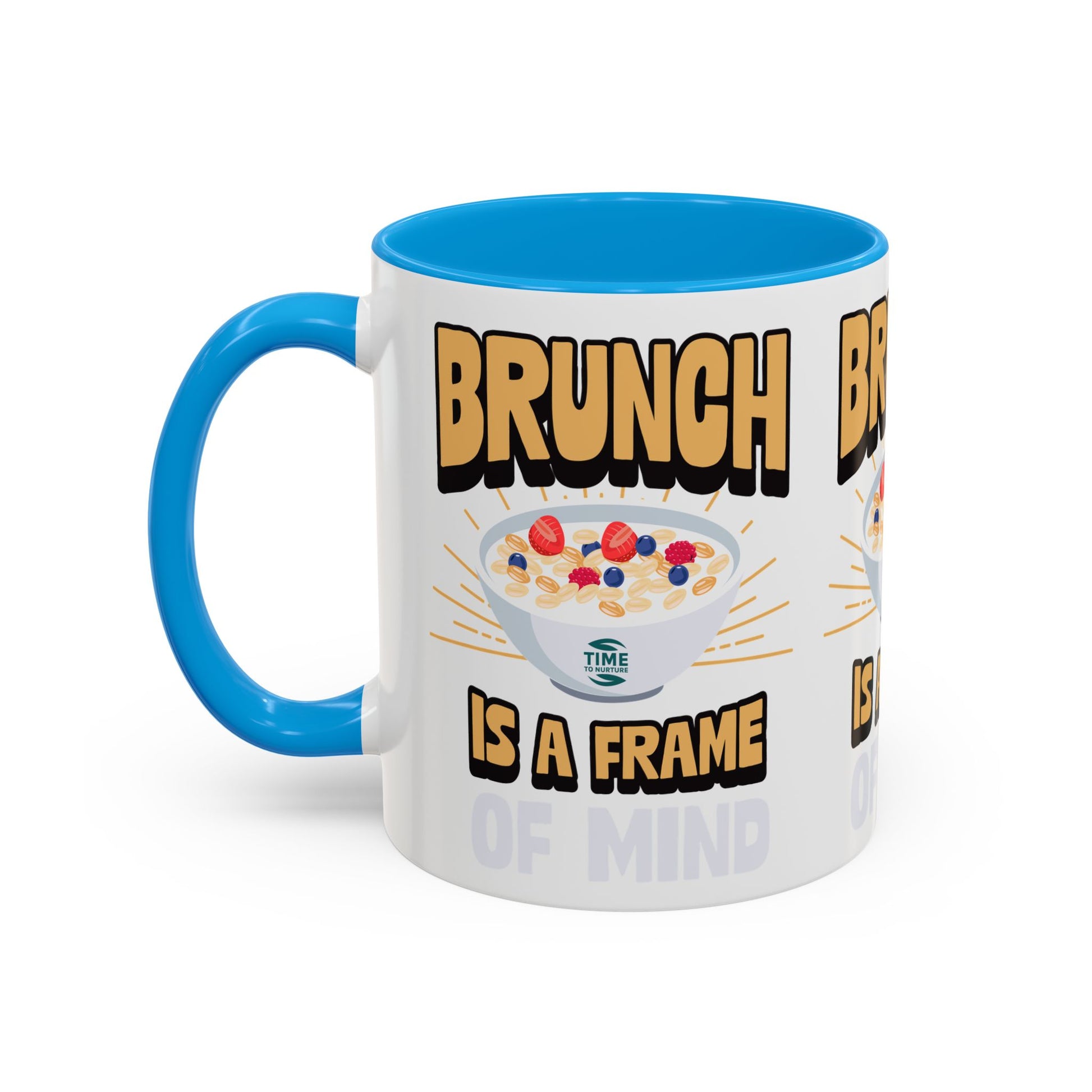 Colorful ceramic mug featuring the phrase Brunch Is a Frame of Mind, available in 11oz and 15oz sizes, with a vibrant design perfect for coffee, tea, or gifting to brunch lovers and lifestyle enthusiasts.