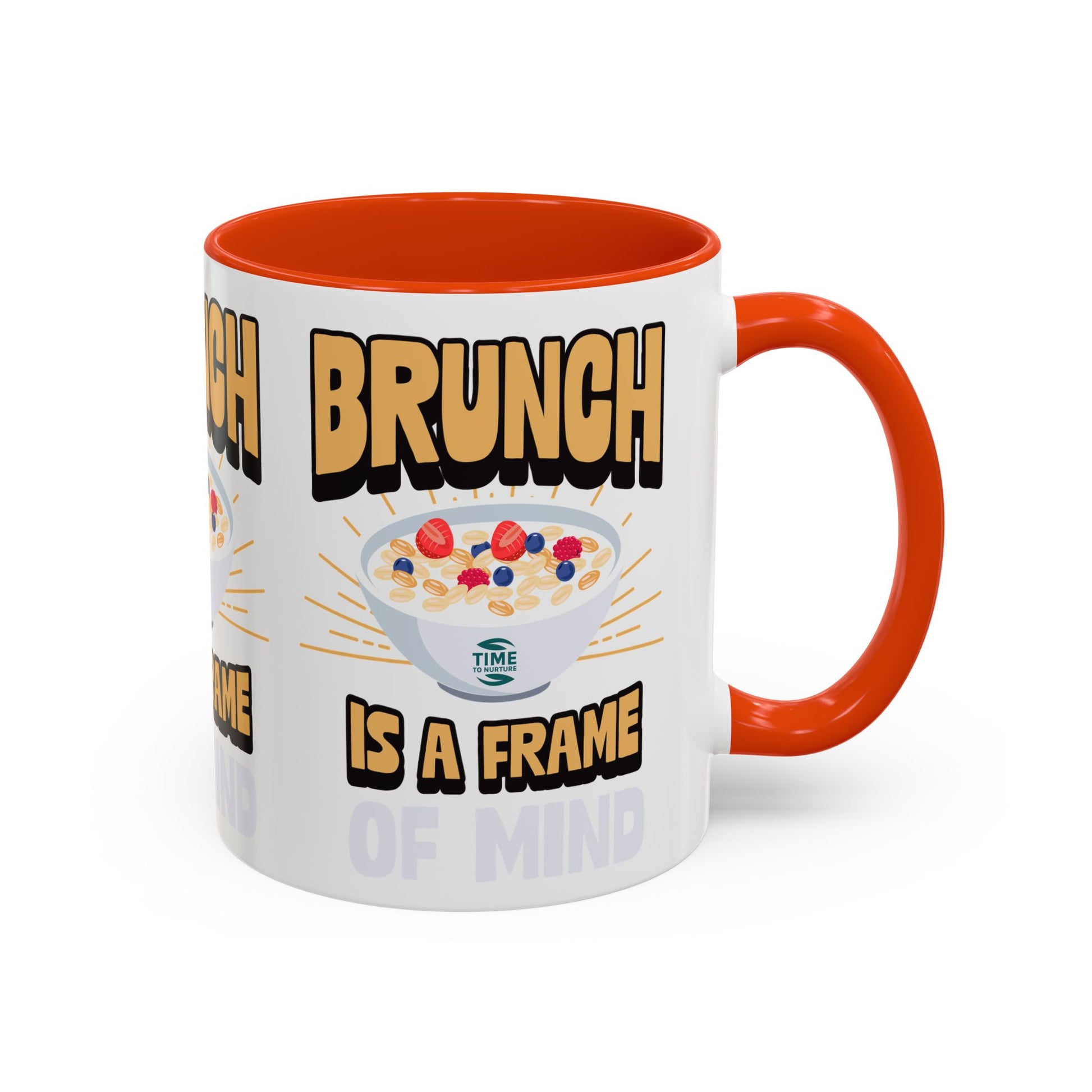 Colorful ceramic mug featuring the phrase Brunch Is a Frame of Mind, available in 11oz and 15oz sizes, with a vibrant design perfect for coffee, tea, or gifting to brunch lovers and lifestyle enthusiasts.