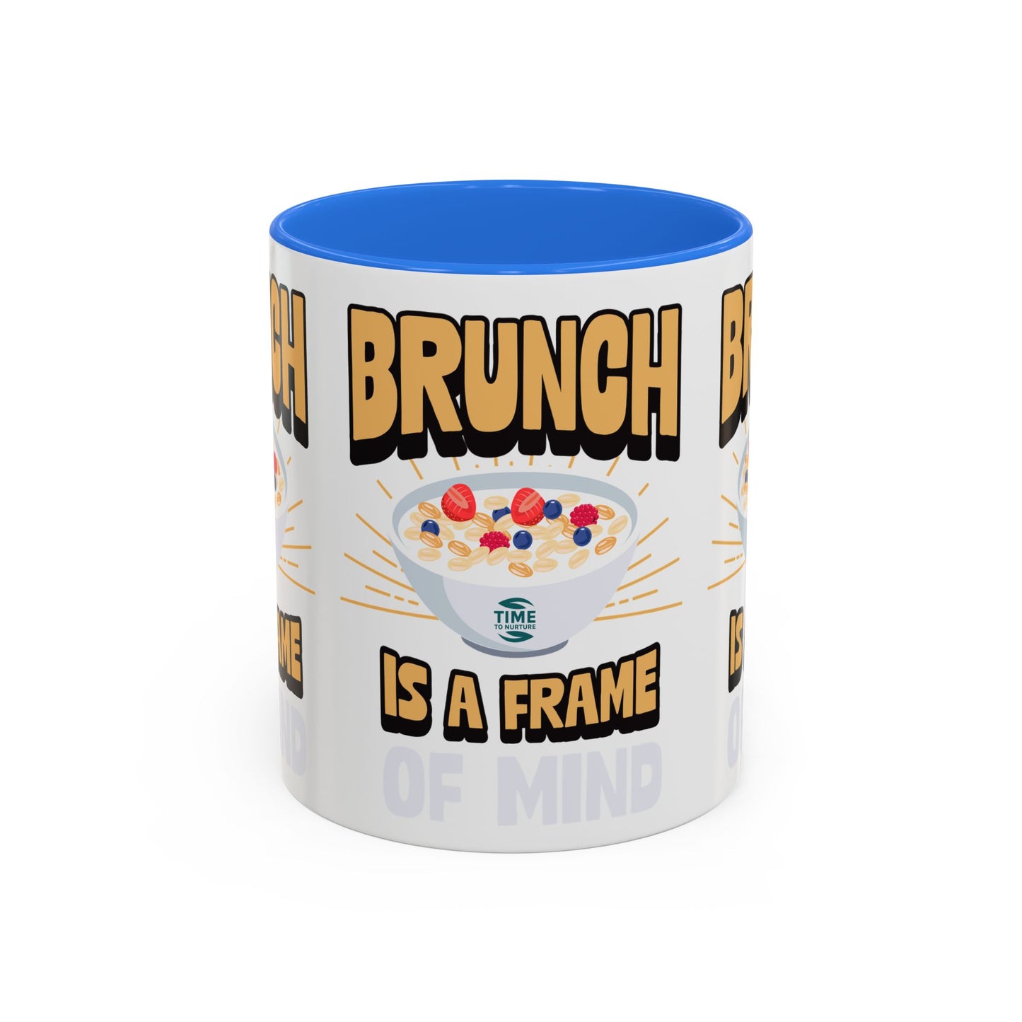 Colorful ceramic mug featuring the phrase Brunch Is a Frame of Mind, available in 11oz and 15oz sizes, with a vibrant design perfect for coffee, tea, or gifting to brunch lovers and lifestyle enthusiasts.