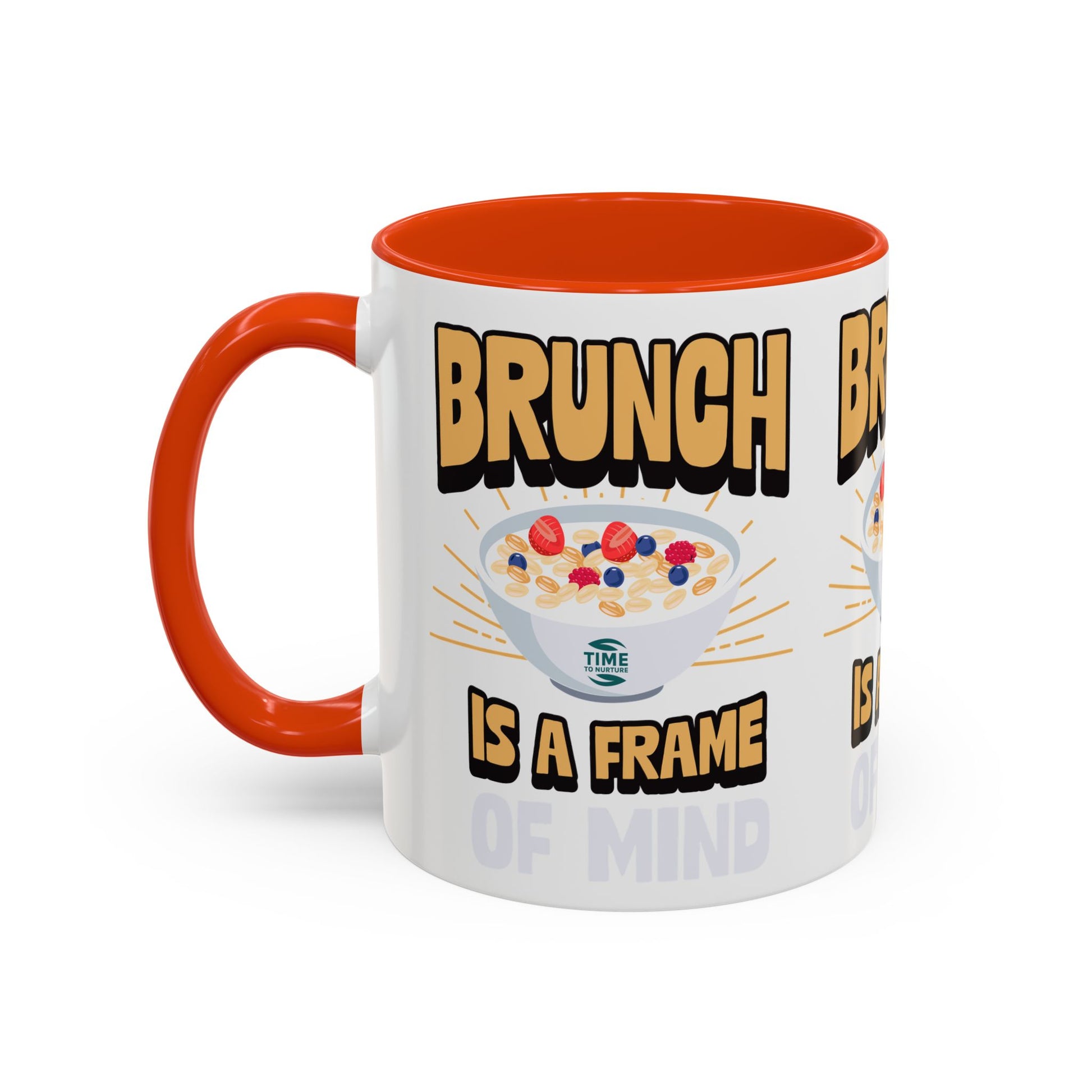 Colorful ceramic mug featuring the phrase Brunch Is a Frame of Mind, available in 11oz and 15oz sizes, with a vibrant design perfect for coffee, tea, or gifting to brunch lovers and lifestyle enthusiasts.