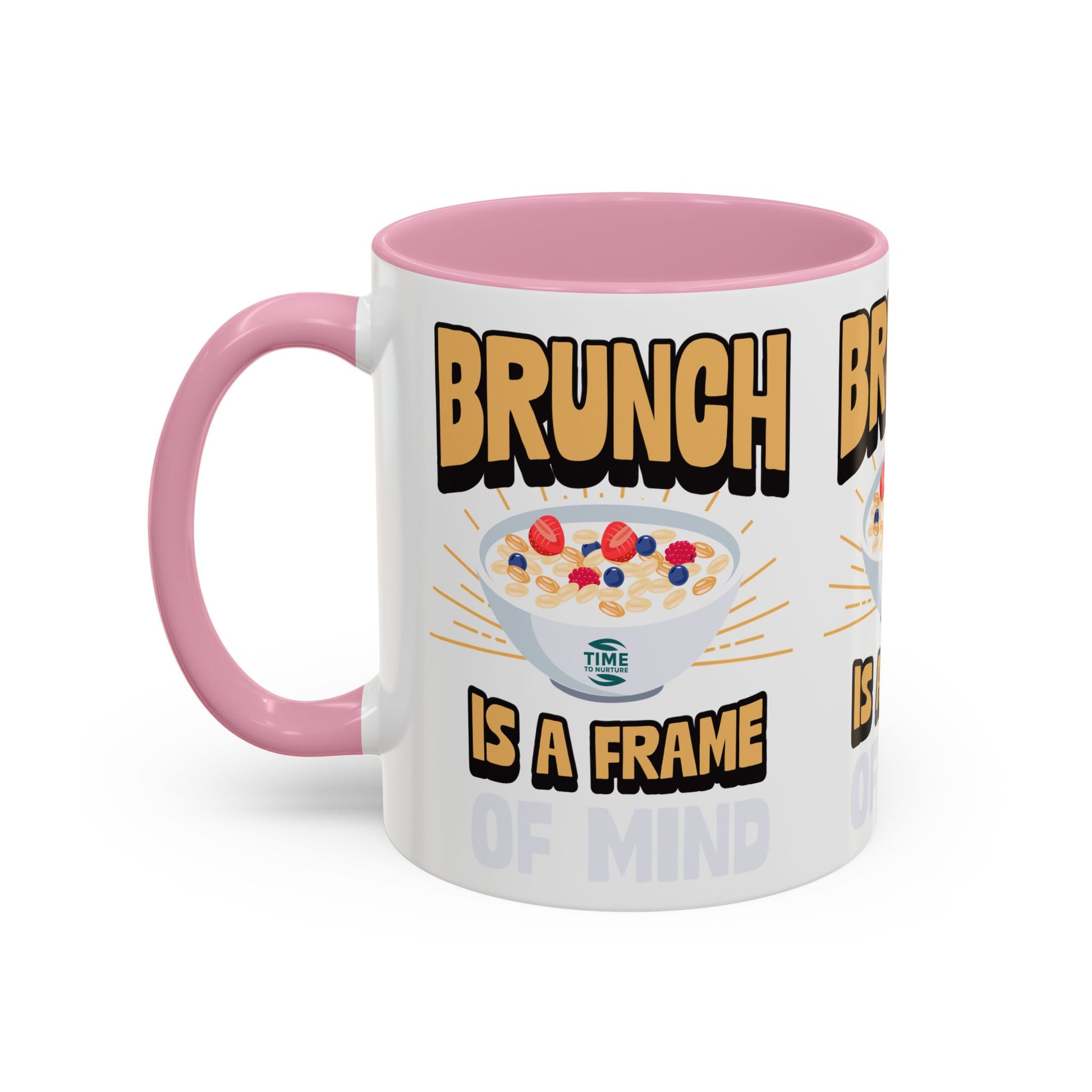 Colorful ceramic mug featuring the phrase Brunch Is a Frame of Mind, available in 11oz and 15oz sizes, with a vibrant design perfect for coffee, tea, or gifting to brunch lovers and lifestyle enthusiasts.