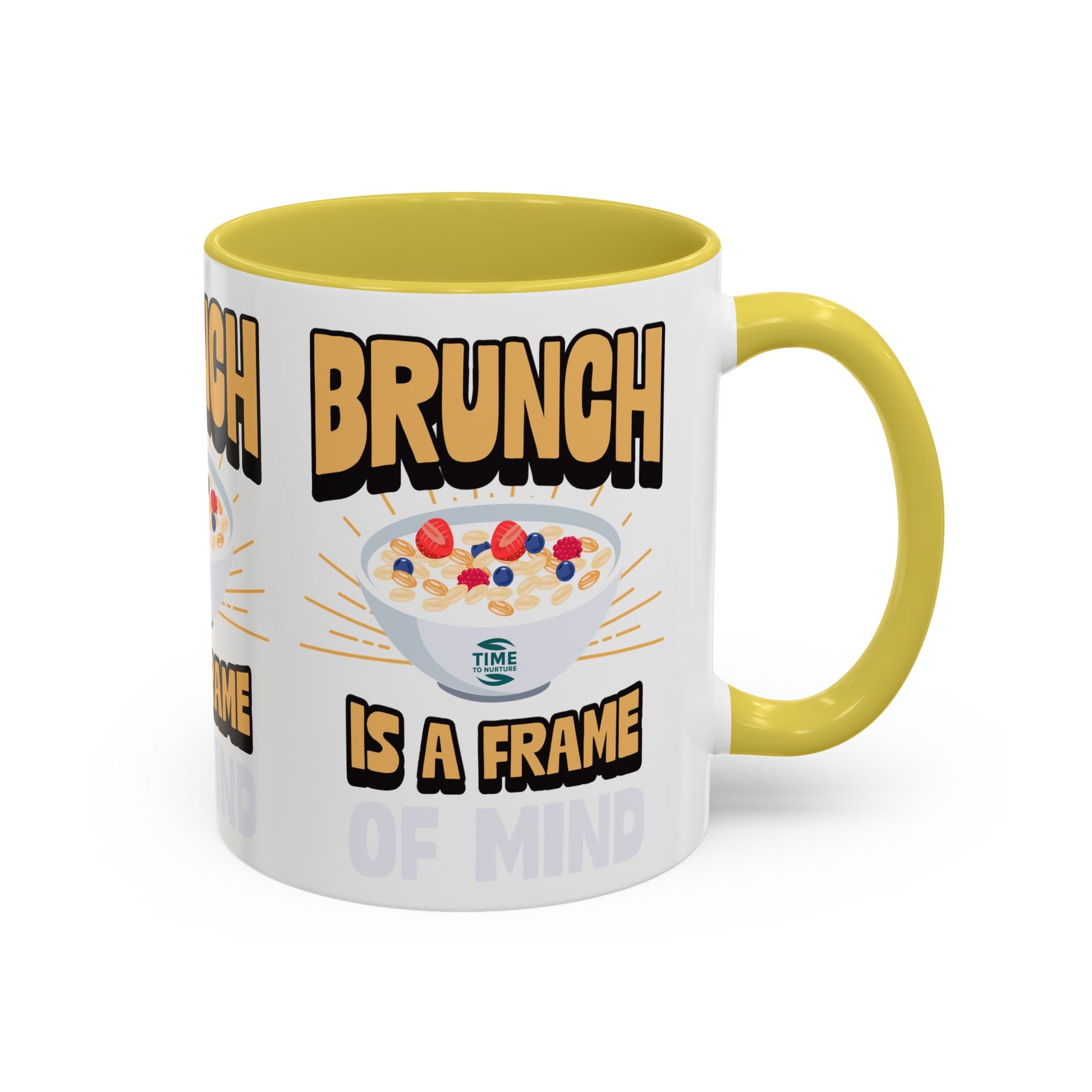 Colorful ceramic mug featuring the phrase Brunch Is a Frame of Mind, available in 11oz and 15oz sizes, with a vibrant design perfect for coffee, tea, or gifting to brunch lovers and lifestyle enthusiasts.