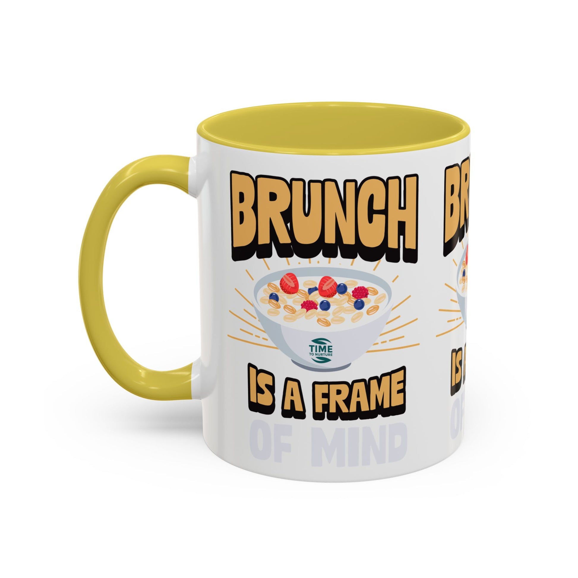 Colorful ceramic mug featuring the phrase Brunch Is a Frame of Mind, available in 11oz and 15oz sizes, with a vibrant design perfect for coffee, tea, or gifting to brunch lovers and lifestyle enthusiasts.