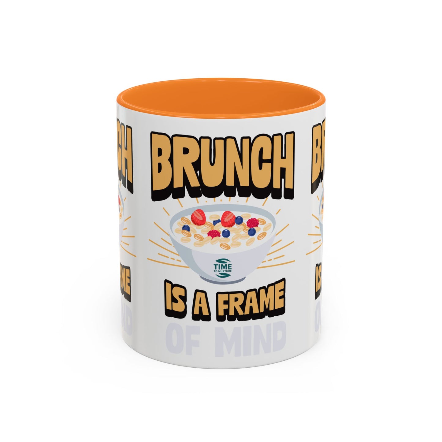 Colorful ceramic mug featuring the phrase Brunch Is a Frame of Mind, available in 11oz and 15oz sizes, with a vibrant design perfect for coffee, tea, or gifting to brunch lovers and lifestyle enthusiasts.