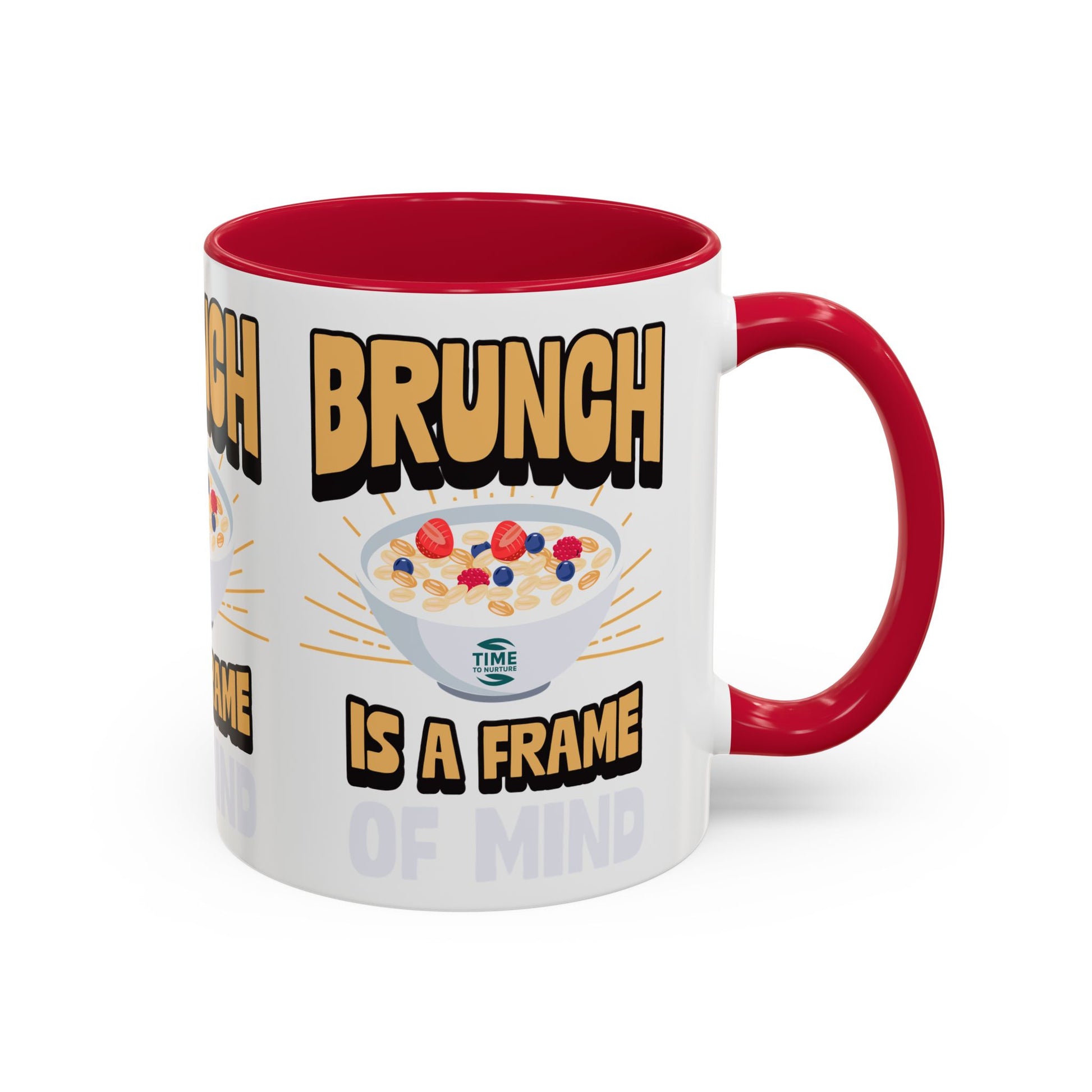 Colorful ceramic mug featuring the phrase Brunch Is a Frame of Mind, available in 11oz and 15oz sizes, with a vibrant design perfect for coffee, tea, or gifting to brunch lovers and lifestyle enthusiasts.