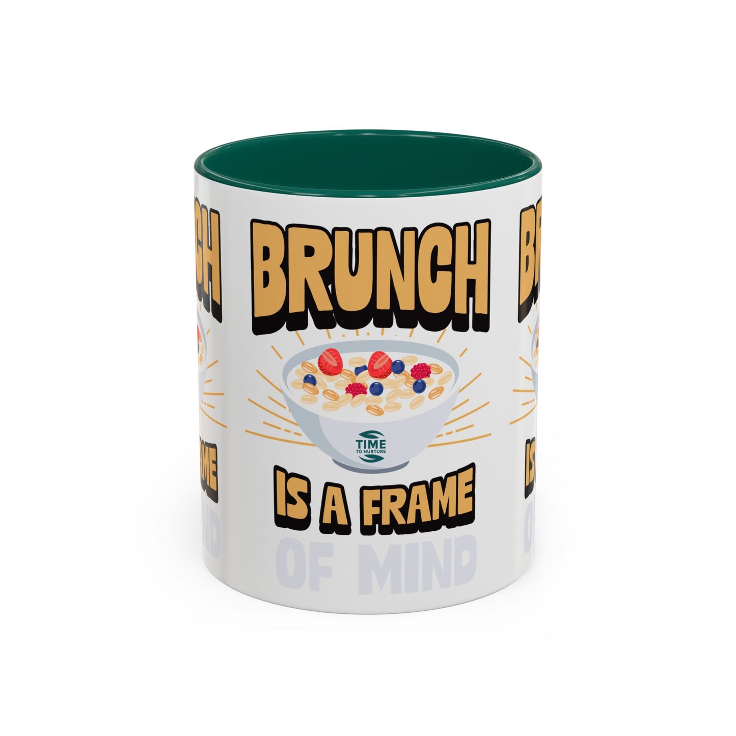 Colorful ceramic mug featuring the phrase Brunch Is a Frame of Mind, available in 11oz and 15oz sizes, with a vibrant design perfect for coffee, tea, or gifting to brunch lovers and lifestyle enthusiasts.