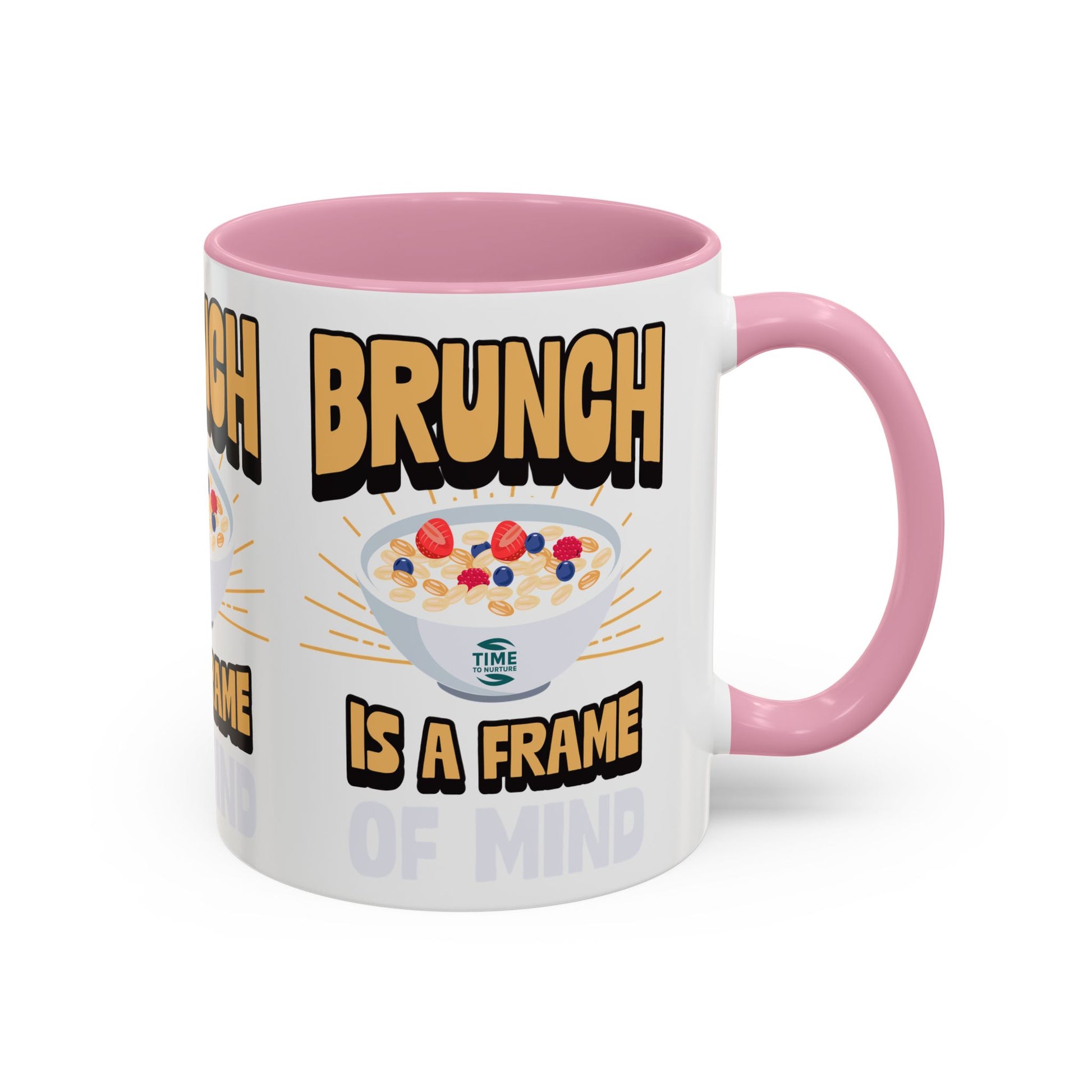 Colorful ceramic mug featuring the phrase Brunch Is a Frame of Mind, available in 11oz and 15oz sizes, with a vibrant design perfect for coffee, tea, or gifting to brunch lovers and lifestyle enthusiasts.