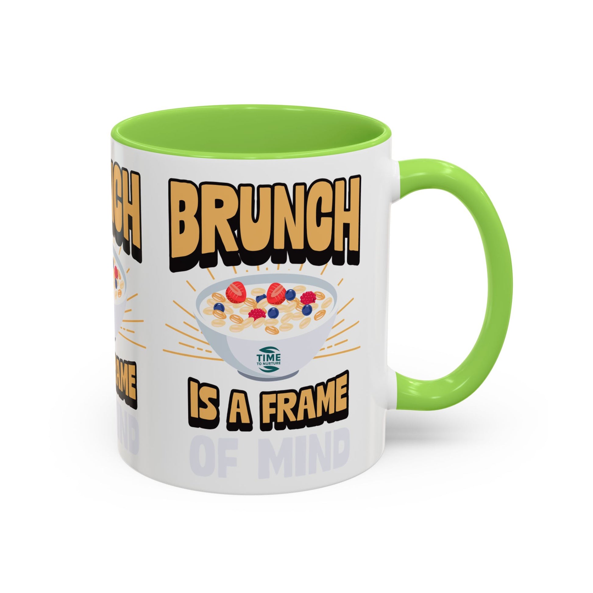 Colorful ceramic mug featuring the phrase Brunch Is a Frame of Mind, available in 11oz and 15oz sizes, with a vibrant design perfect for coffee, tea, or gifting to brunch lovers and lifestyle enthusiasts.555