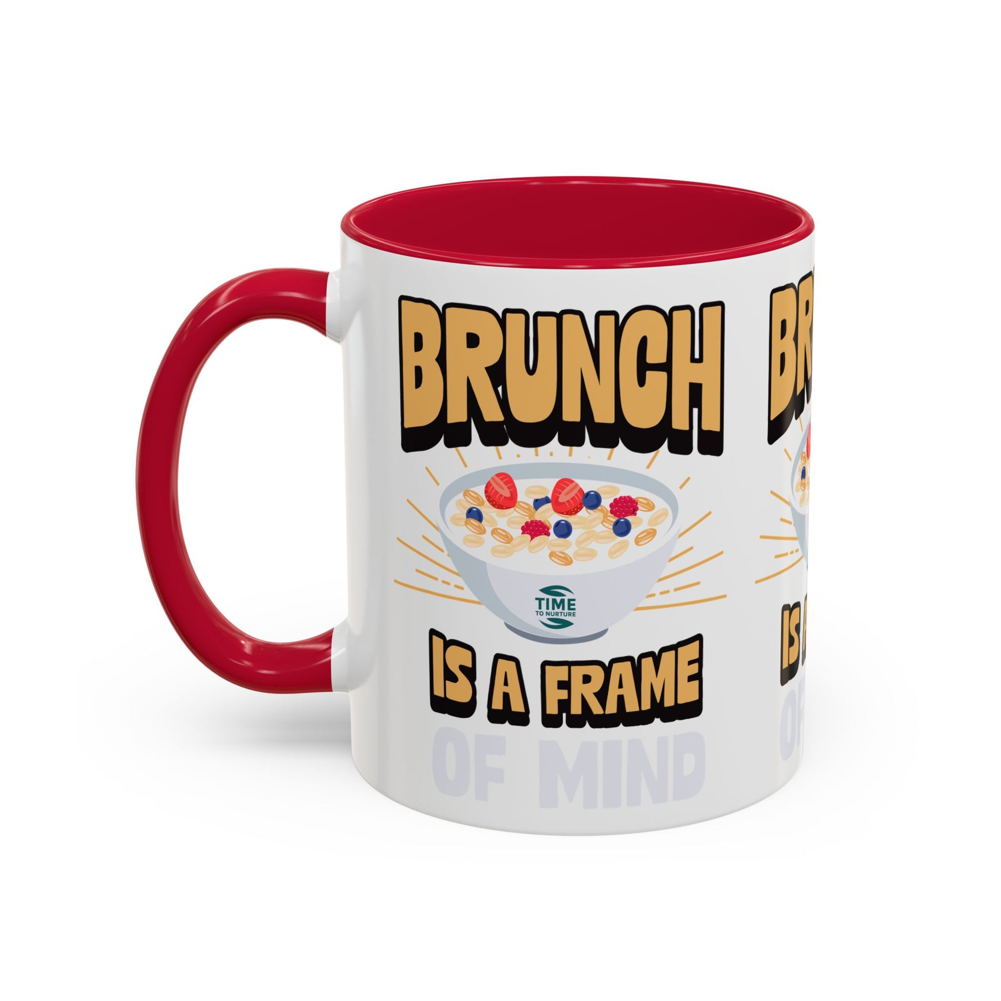 Colorful ceramic mug featuring the phrase Brunch Is a Frame of Mind, available in 11oz and 15oz sizes, with a vibrant design perfect for coffee, tea, or gifting to brunch lovers and lifestyle enthusiasts.