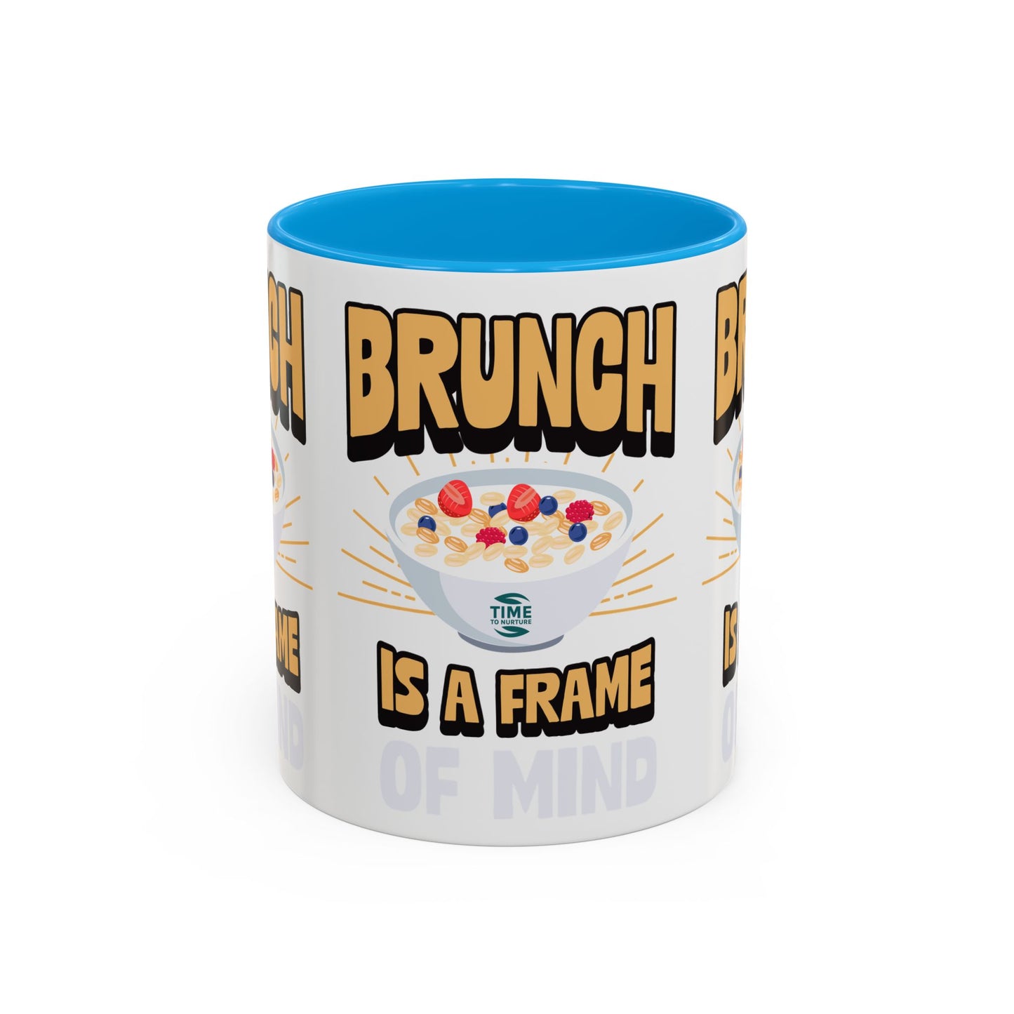 Colorful ceramic mug featuring the phrase Brunch Is a Frame of Mind, available in 11oz and 15oz sizes, with a vibrant design perfect for coffee, tea, or gifting to brunch lovers and lifestyle enthusiasts.