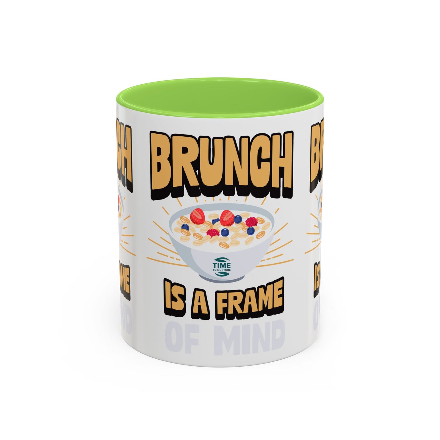 Colorful ceramic mug featuring the phrase Brunch Is a Frame of Mind, available in 11oz and 15oz sizes, with a vibrant design perfect for coffee, tea, or gifting to brunch lovers and lifestyle enthusiasts.