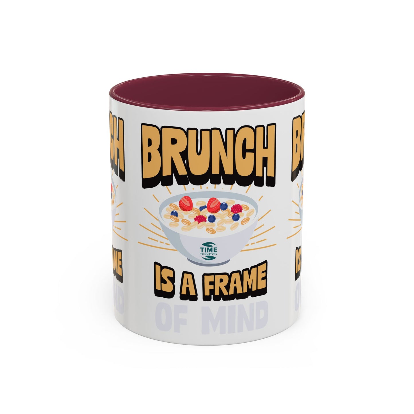 Colorful ceramic mug featuring the phrase Brunch Is a Frame of Mind, available in 11oz and 15oz sizes, with a vibrant design perfect for coffee, tea, or gifting to brunch lovers and lifestyle enthusiasts.