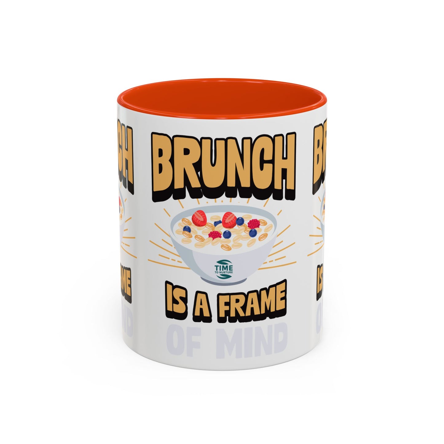 Colorful ceramic mug featuring the phrase Brunch Is a Frame of Mind, available in 11oz and 15oz sizes, with a vibrant design perfect for coffee, tea, or gifting to brunch lovers and lifestyle enthusiasts.