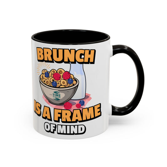 Colorful ceramic mugs featuring Brunch Is a Frame of Mind, available in vibrant 11oz and 15oz sizes, perfect for coffee, tea, or juice, making an ideal gift for brunch lovers, weekend enthusiasts, or a fun addition to kitchen decor.