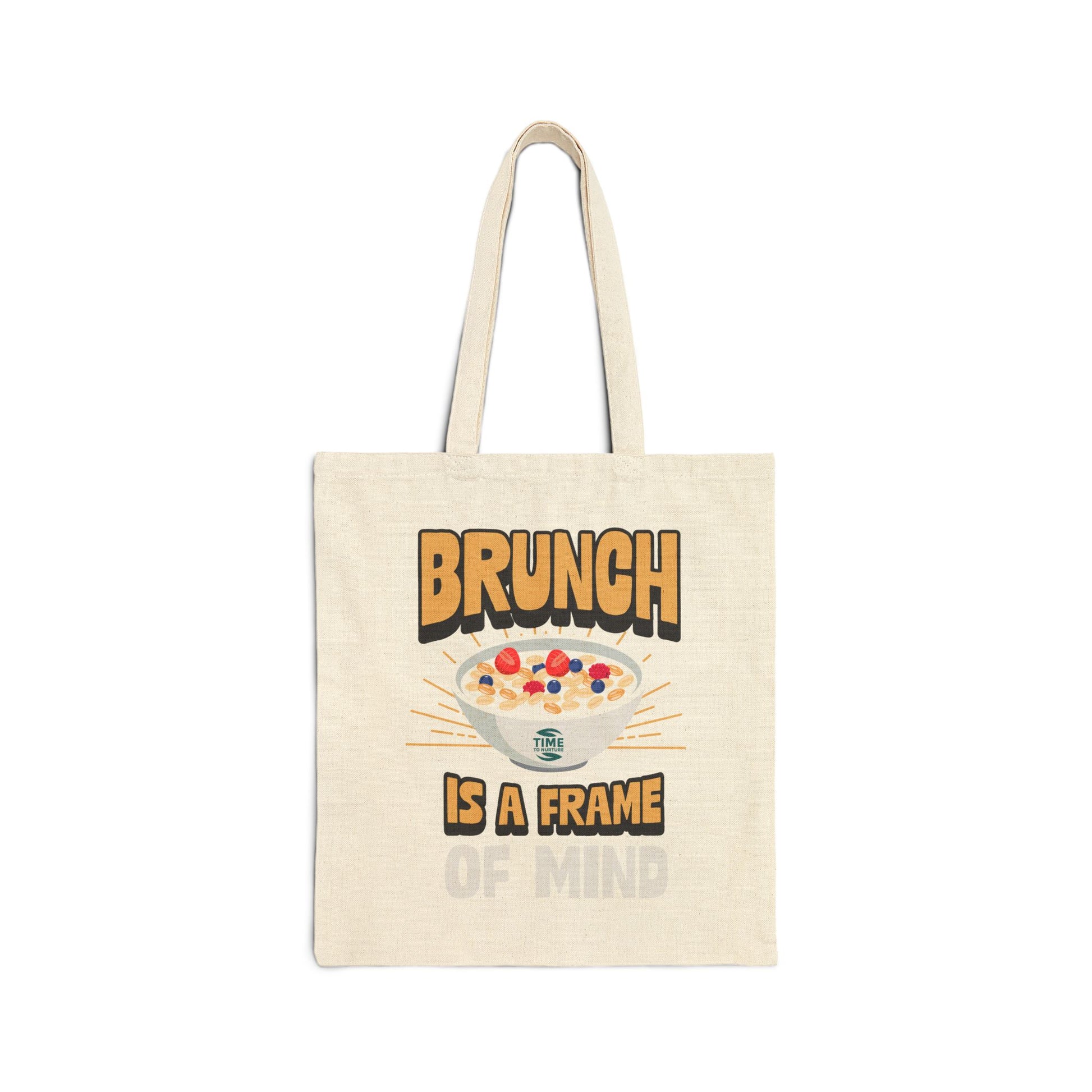 Cotton canvas tote bag featuring the phrase "Brunch Is a State of Mind," designed to carry essentials in style. Ideal for brunch adventures, the bag combines practicality with a fun, casual vibe