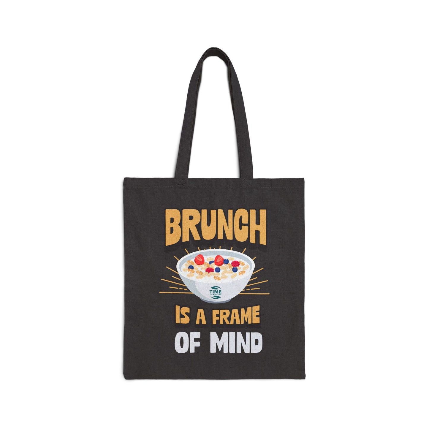 Cotton canvas tote bag featuring the phrase "Brunch Is a State of Mind," designed to carry essentials in style. Ideal for brunch adventures, the bag combines practicality with a fun, casual vibe