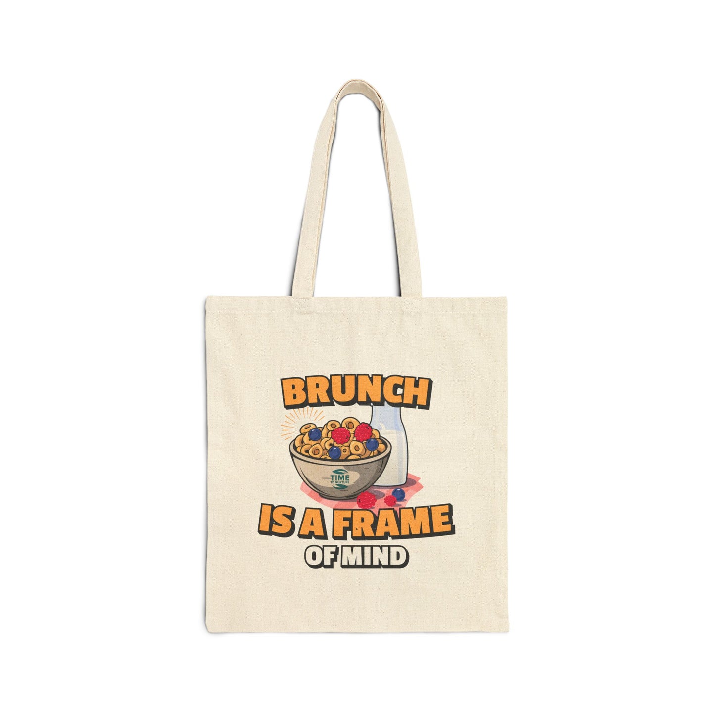 Cotton canvas tote bag with the phrase "Brunch Is a State of Mind," designed for carrying essentials in style. Ideal for brunch lovers, weekend adventures, and everyday use, blending practicality with a fun, casual vibe