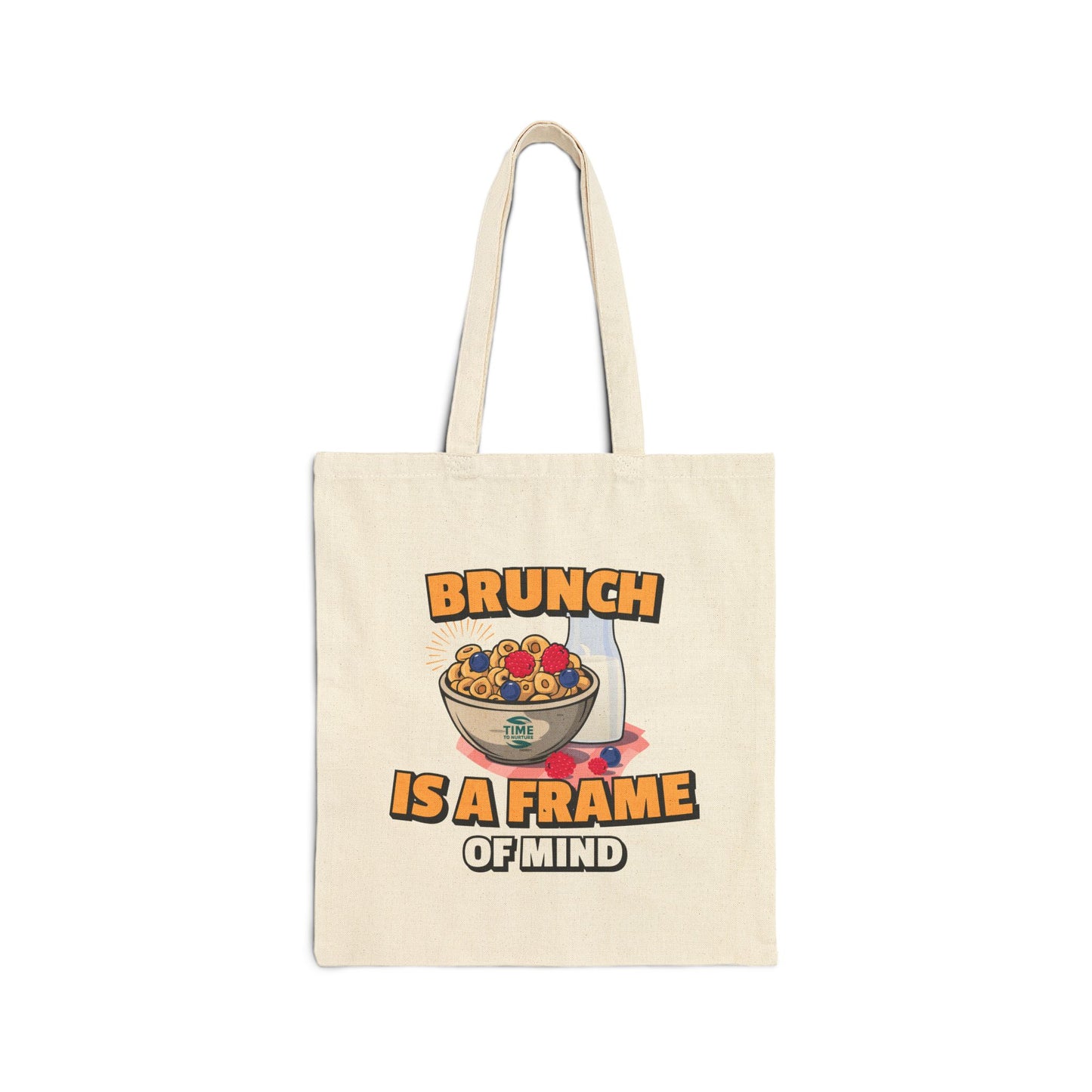Cotton canvas tote bag with the phrase "Brunch Is a State of Mind," designed for carrying essentials in style. Ideal for brunch lovers, weekend adventures, and everyday use, blending practicality with a fun, casual vibe