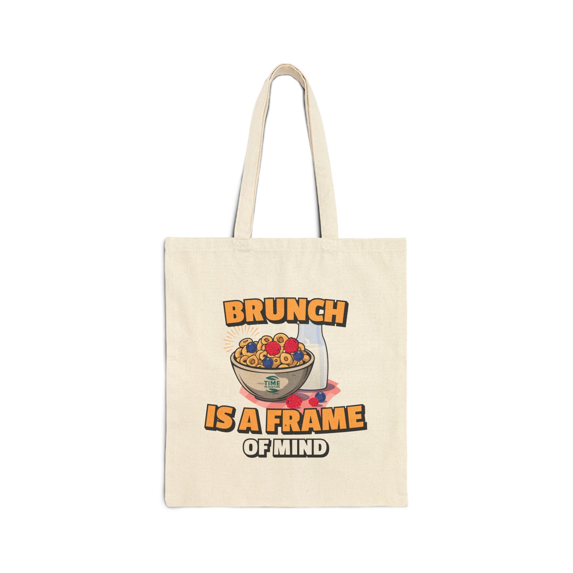Cotton canvas tote bag with the phrase "Brunch Is a State of Mind," designed for carrying essentials in style. Ideal for brunch lovers, weekend adventures, and everyday use, blending practicality with a fun, casual vibe