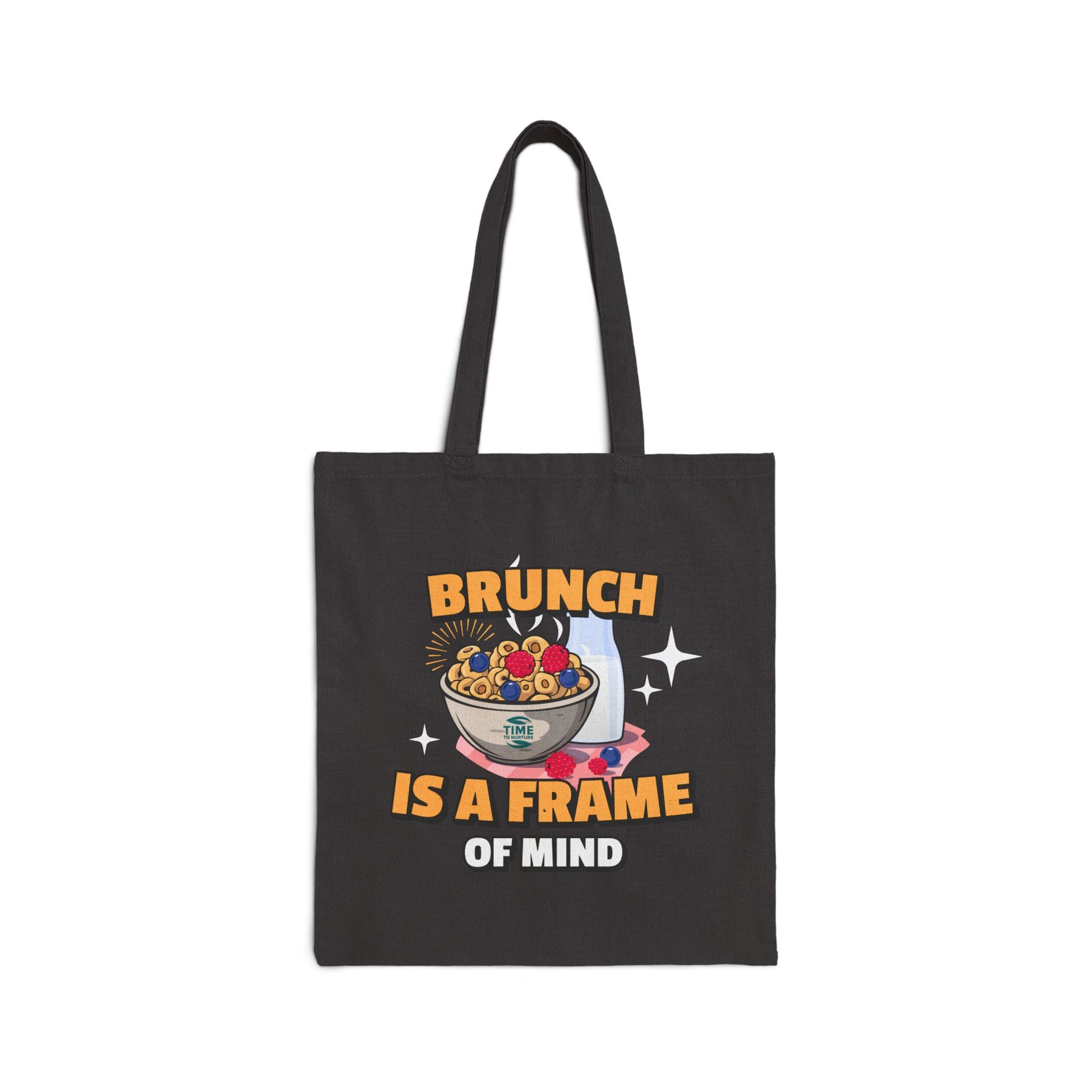 Cotton canvas tote bag with the phrase "Brunch Is a State of Mind," designed for carrying essentials in style. Ideal for brunch lovers, weekend adventures, and everyday use, blending practicality with a fun, casual vibe