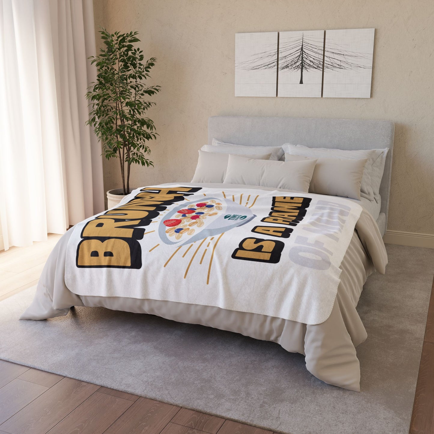 Cozy Sherpa blanket with Brunch is a Frame of Mind text, offering warm, fuzzy comfort, perfect as a retirement gift, couch throw, bedding decor, or hygge-inspired home accent