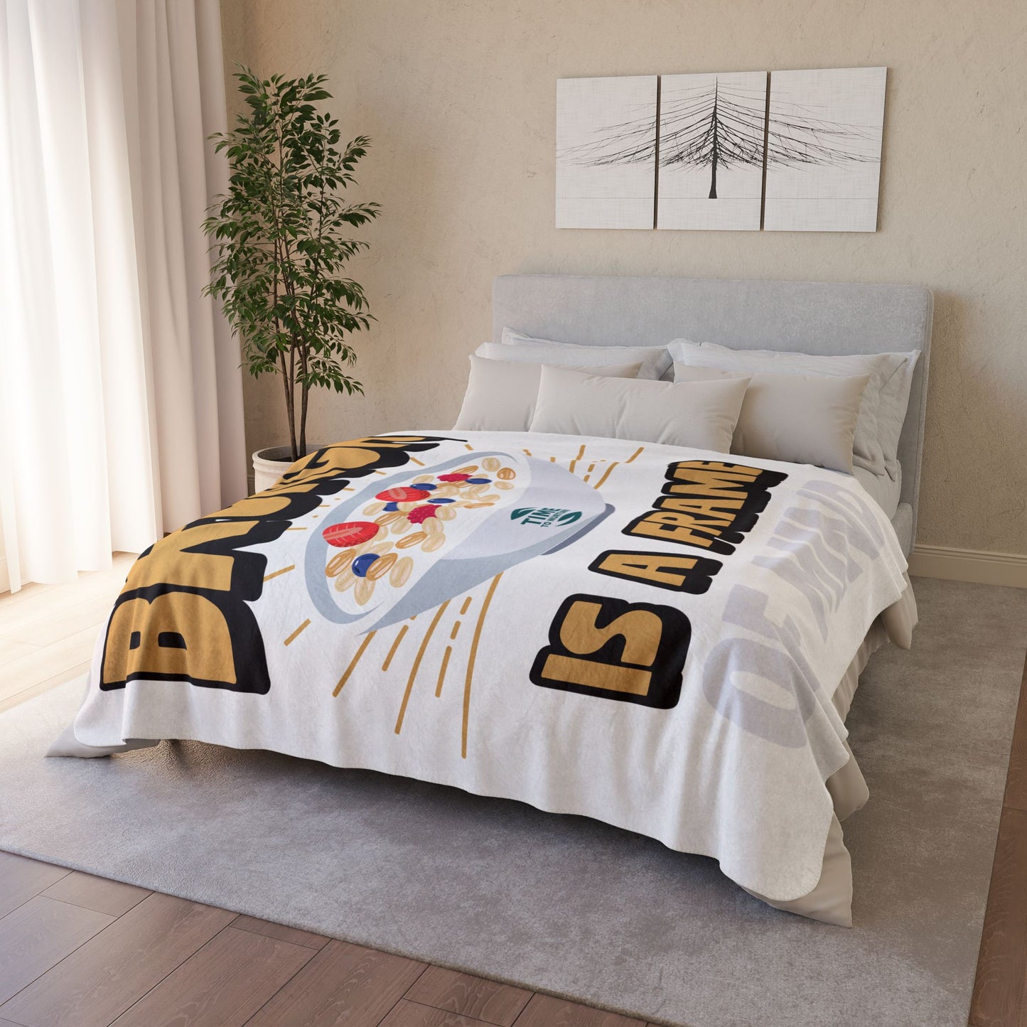Cozy Sherpa blanket with Brunch is a Frame of Mind text, offering warm, fuzzy comfort, perfect as a retirement gift, couch throw, bedding decor, or hygge-inspired home accent