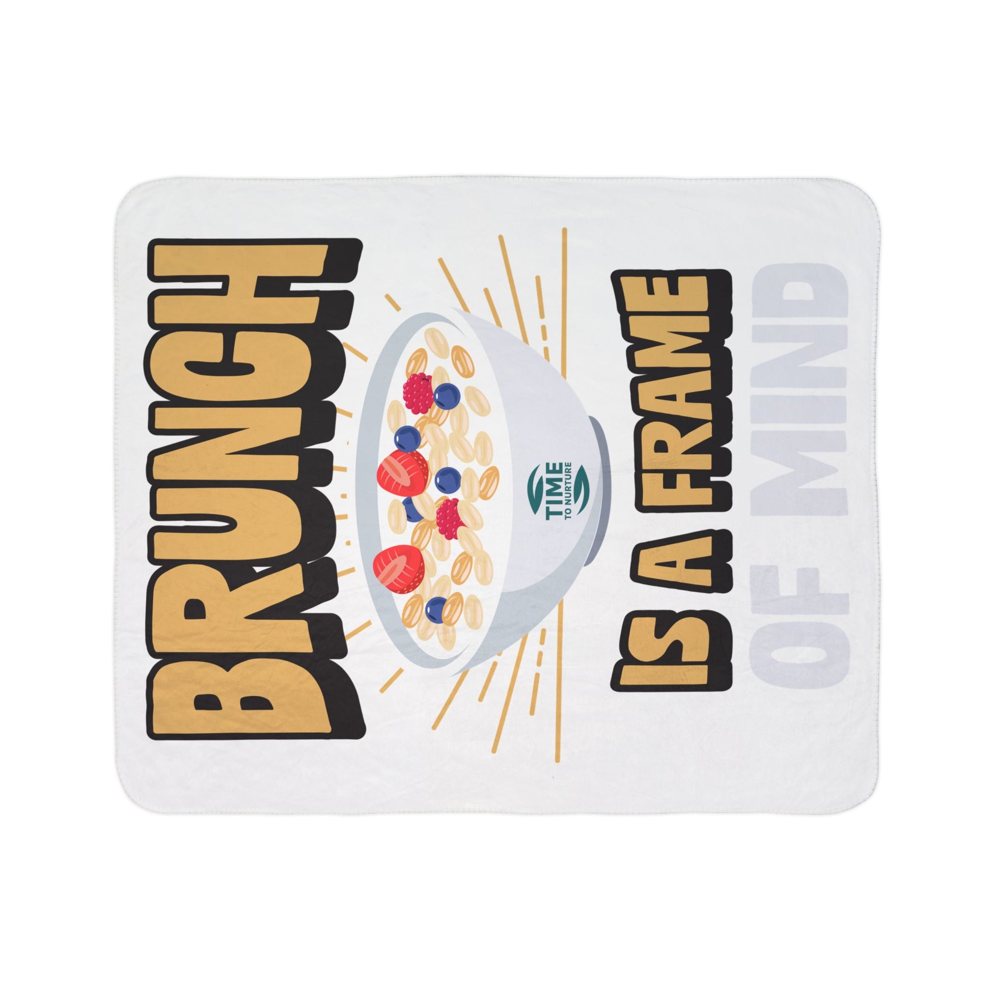 Cozy Sherpa blanket with Brunch is a Frame of Mind text, offering warm, fuzzy comfort, perfect as a retirement gift, couch throw, bedding decor, or hygge-inspired home accent