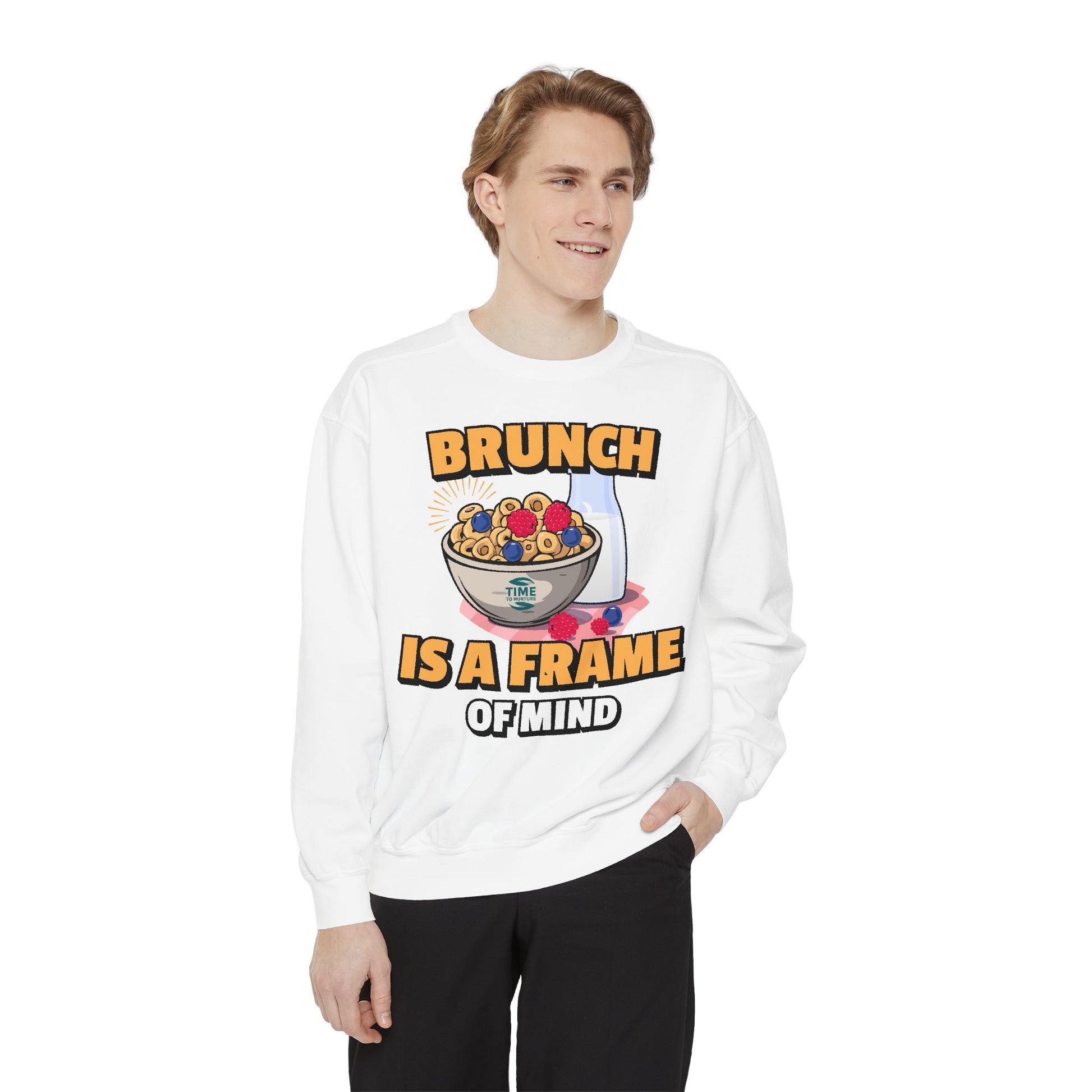 Cozy unisex sweatshirt featuring Brunch is a Frame of Mind Vibes, blending comfort and style for brunch lovers, perfect for weekend outfits, foodie gifts, and making a fashionable, mindful brunch-themed statement.