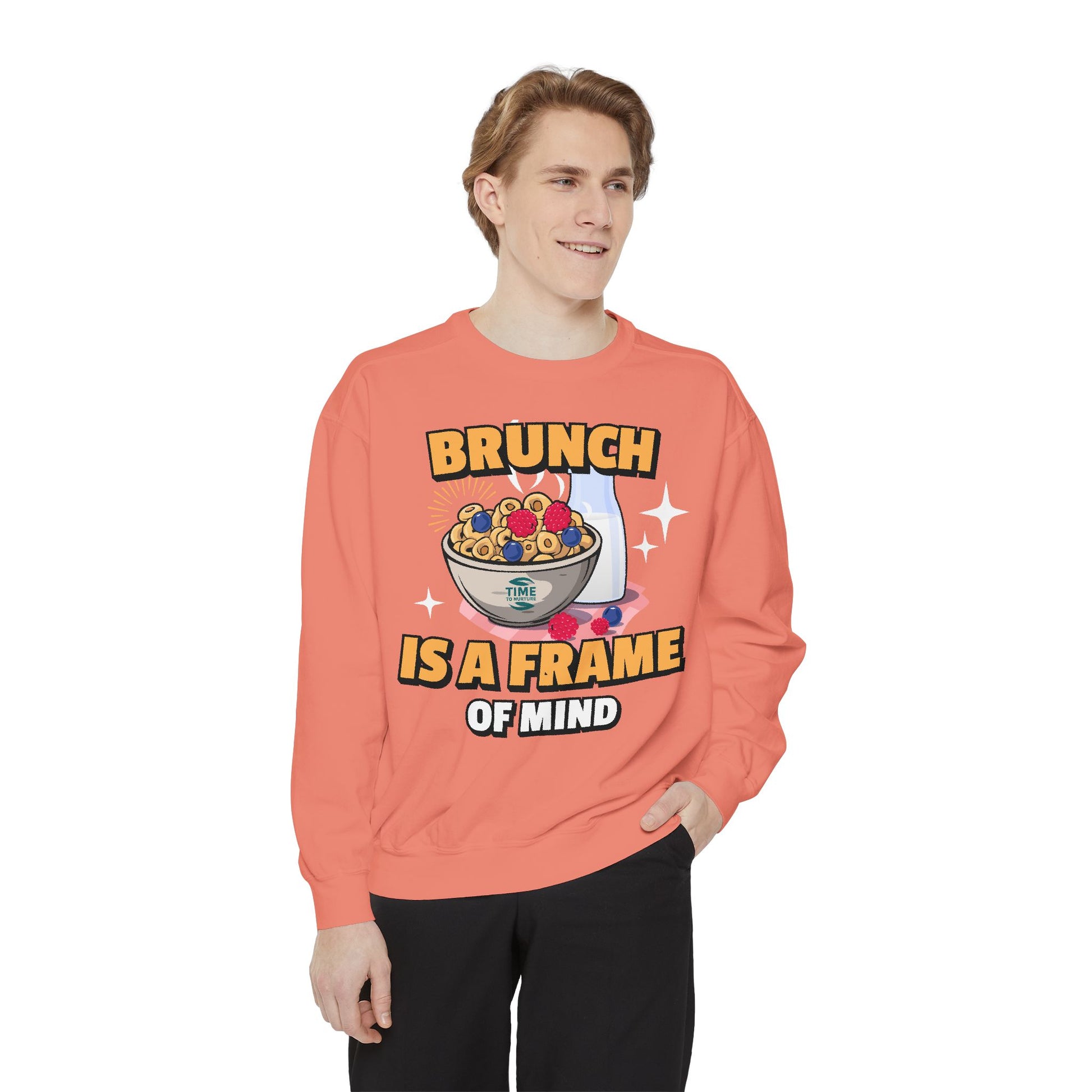Cozy unisex sweatshirt featuring Brunch is a Frame of Mind Vibes, blending comfort and style for brunch lovers, perfect for weekend outfits, foodie gifts, and making a fashionable, mindful brunch-themed statement.