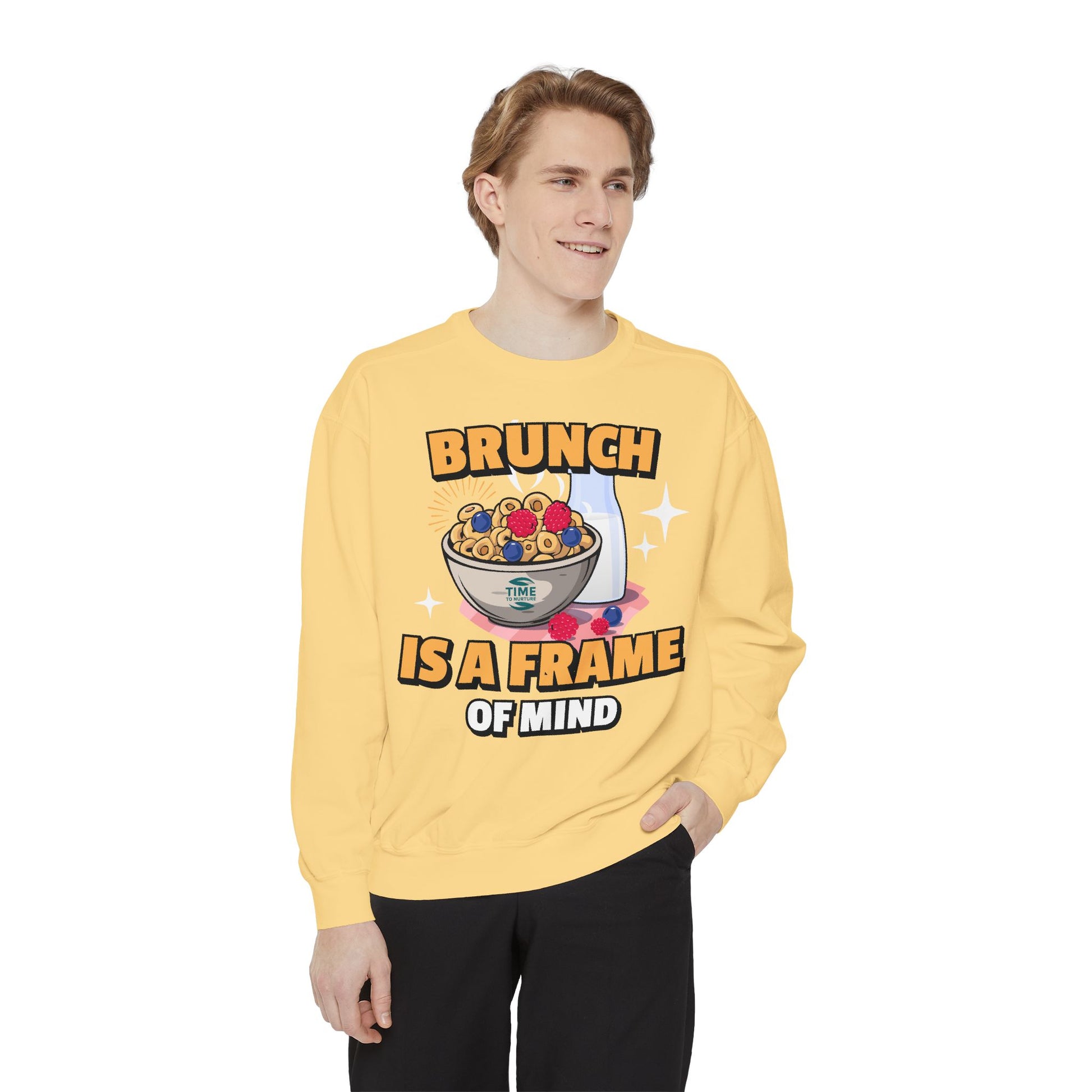Cozy unisex sweatshirt featuring Brunch is a Frame of Mind Vibes, blending comfort and style for brunch lovers, perfect for weekend outfits, foodie gifts, and making a fashionable, mindful brunch-themed statement.