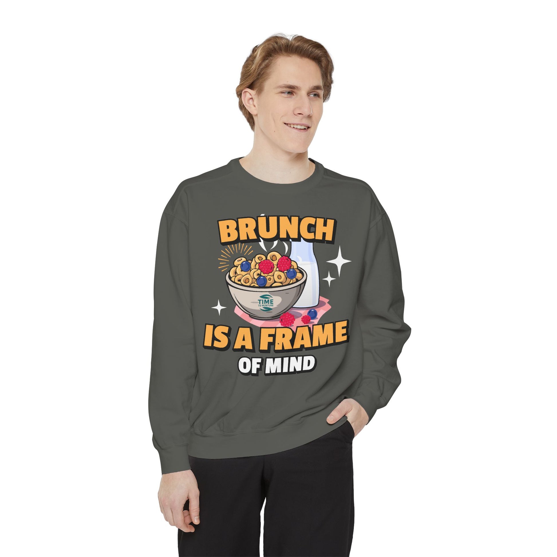 Cozy unisex sweatshirt featuring Brunch is a Frame of Mind Vibes, blending comfort and style for brunch lovers, perfect for weekend outfits, foodie gifts, and making a fashionable, mindful brunch-themed statement.