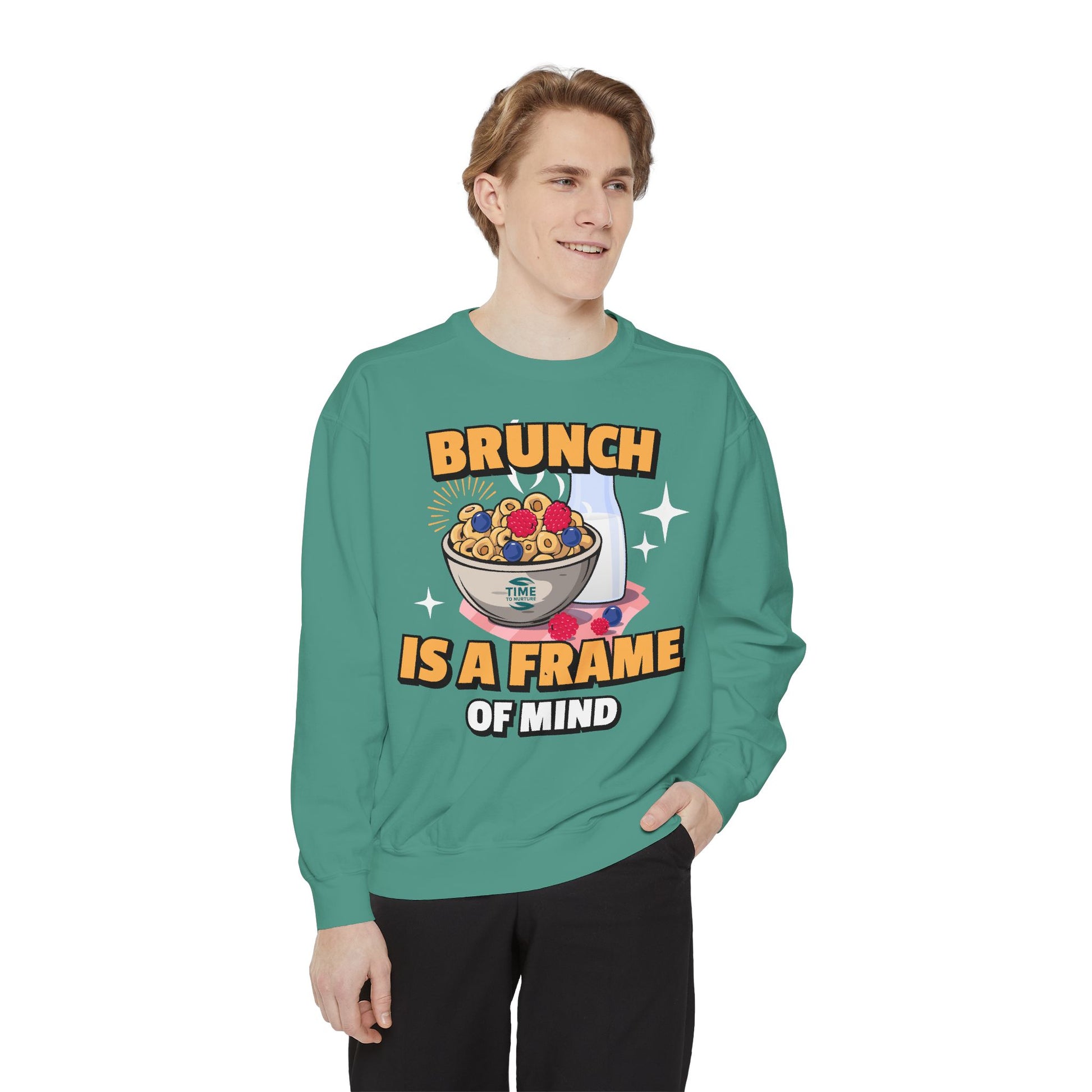 Cozy unisex sweatshirt featuring Brunch is a Frame of Mind Vibes, blending comfort and style for brunch lovers, perfect for weekend outfits, foodie gifts, and making a fashionable, mindful brunch-themed statement.