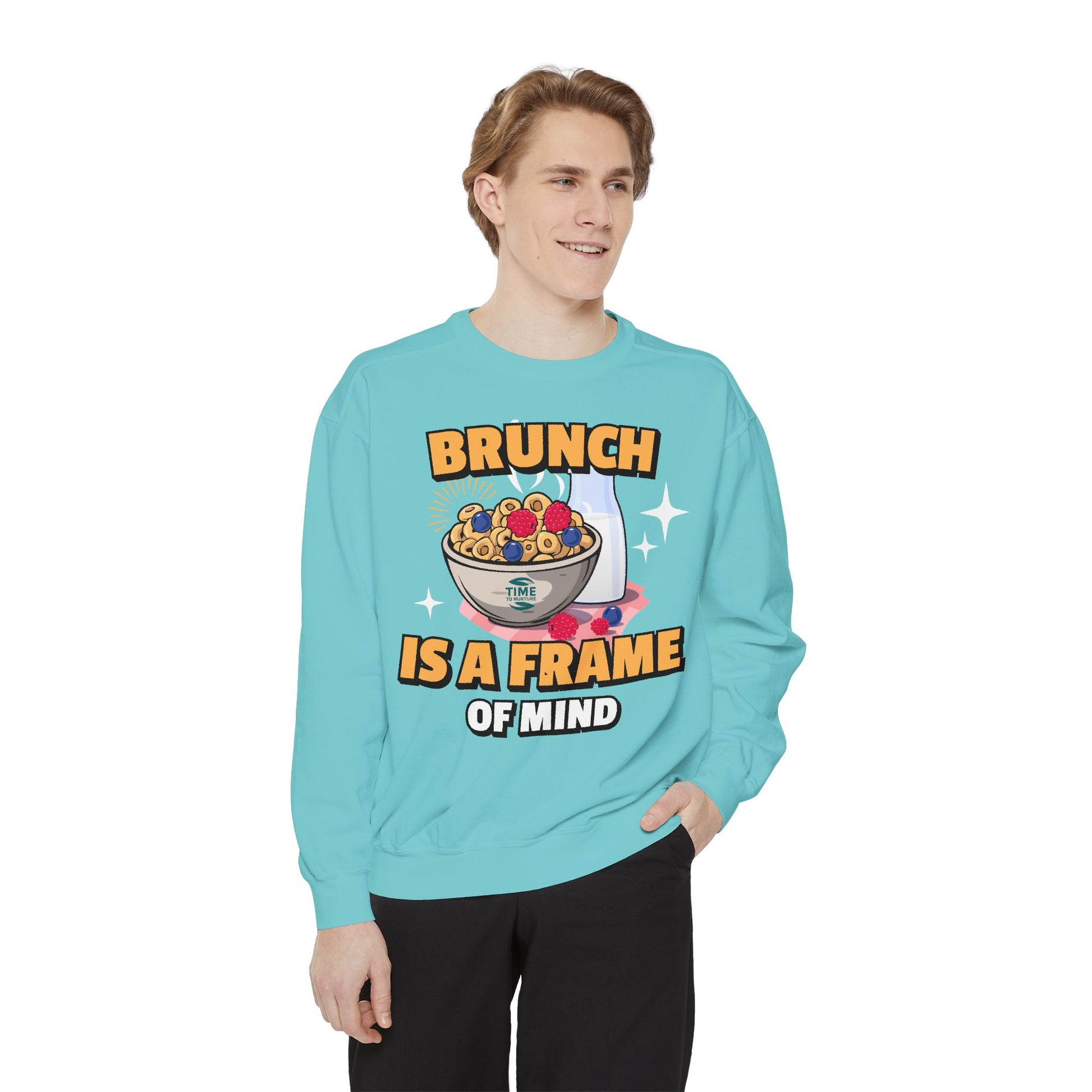 Cozy unisex sweatshirt featuring Brunch is a Frame of Mind Vibes, blending comfort and style for brunch lovers, perfect for weekend outfits, foodie gifts, and making a fashionable, mindful brunch-themed statement.