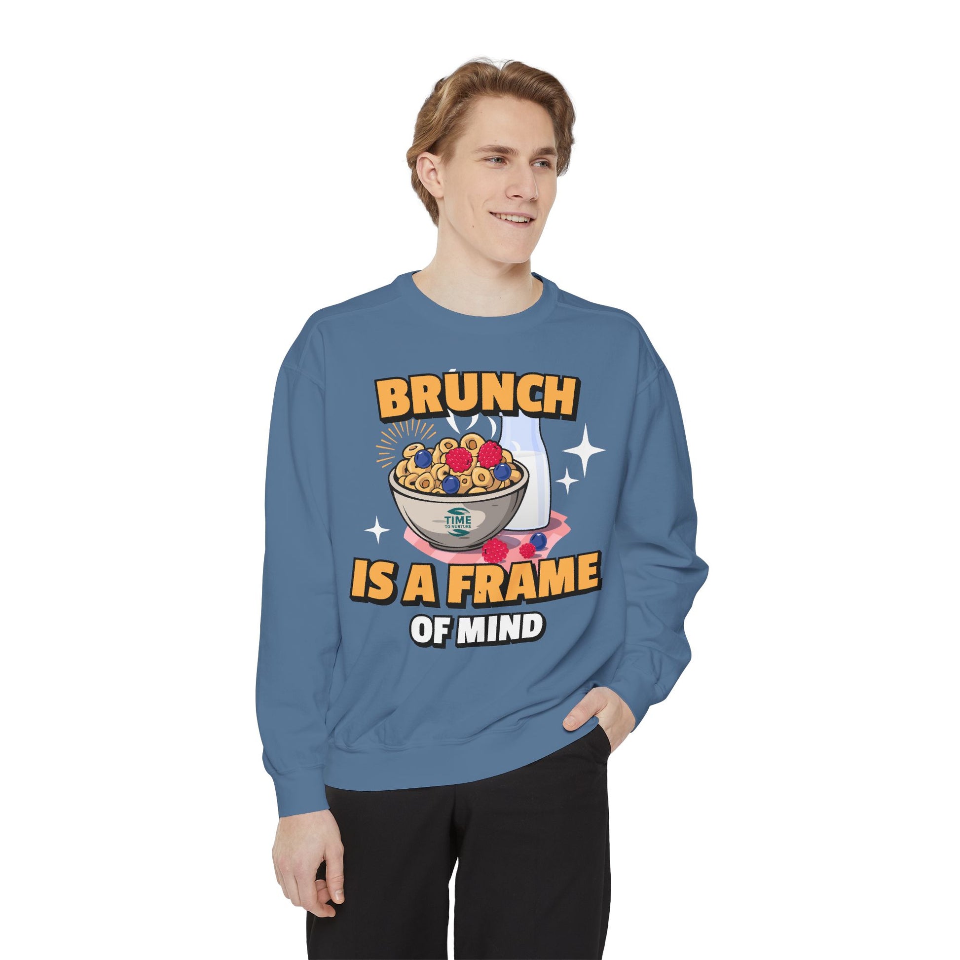 Cozy unisex sweatshirt featuring Brunch is a Frame of Mind Vibes, blending comfort and style for brunch lovers, perfect for weekend outfits, foodie gifts, and making a fashionable, mindful brunch-themed statement.